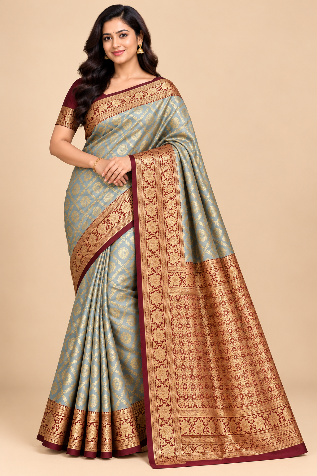 Light Blue Saree with Golden Zari Motifs and Maroon Brocade Border for Wedding & Festive Wear image 3