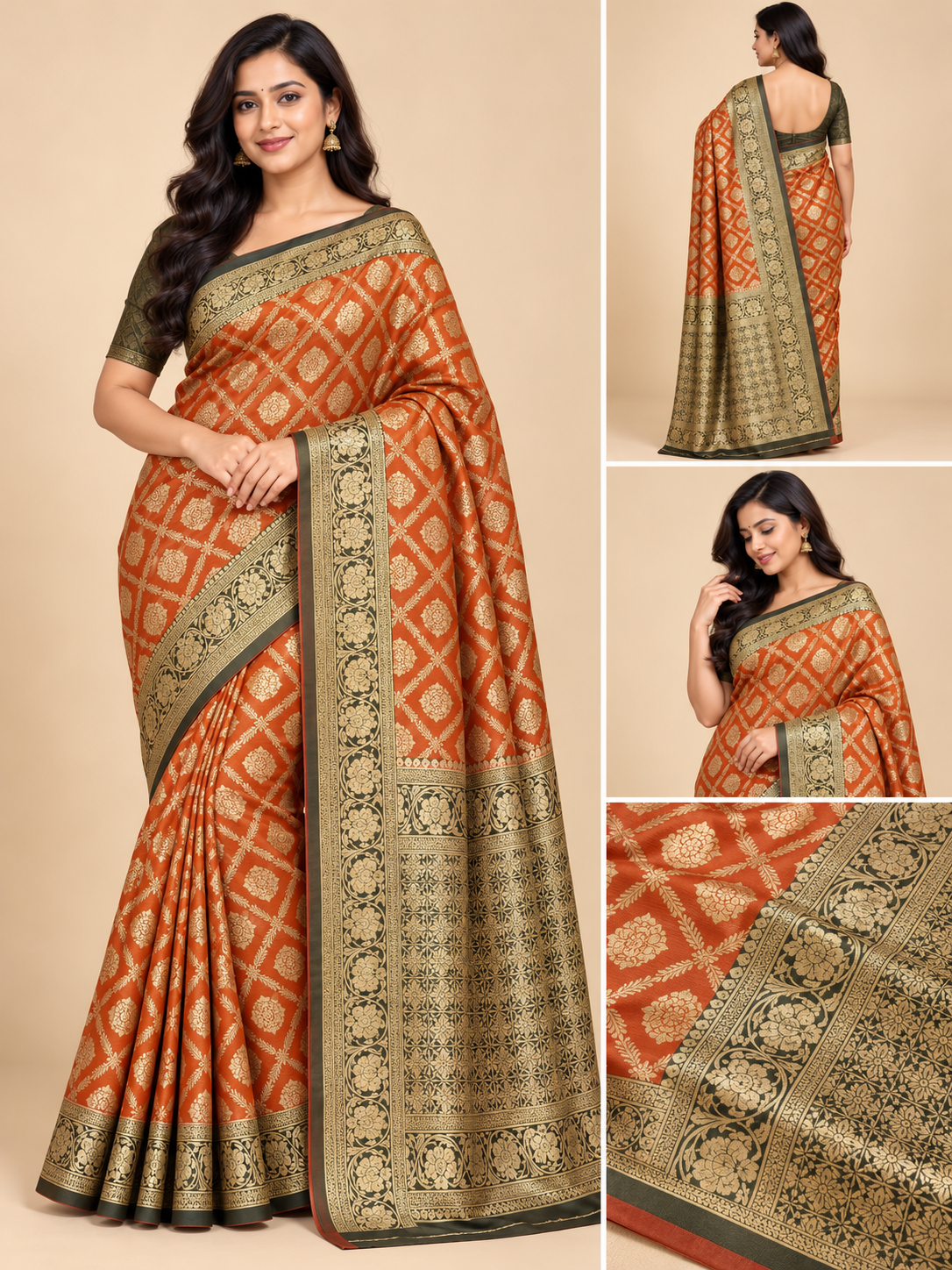 Rust Orange Saree with Golden Zari Motifs and Olive Green Brocade Border for Wedding & Festive Wear