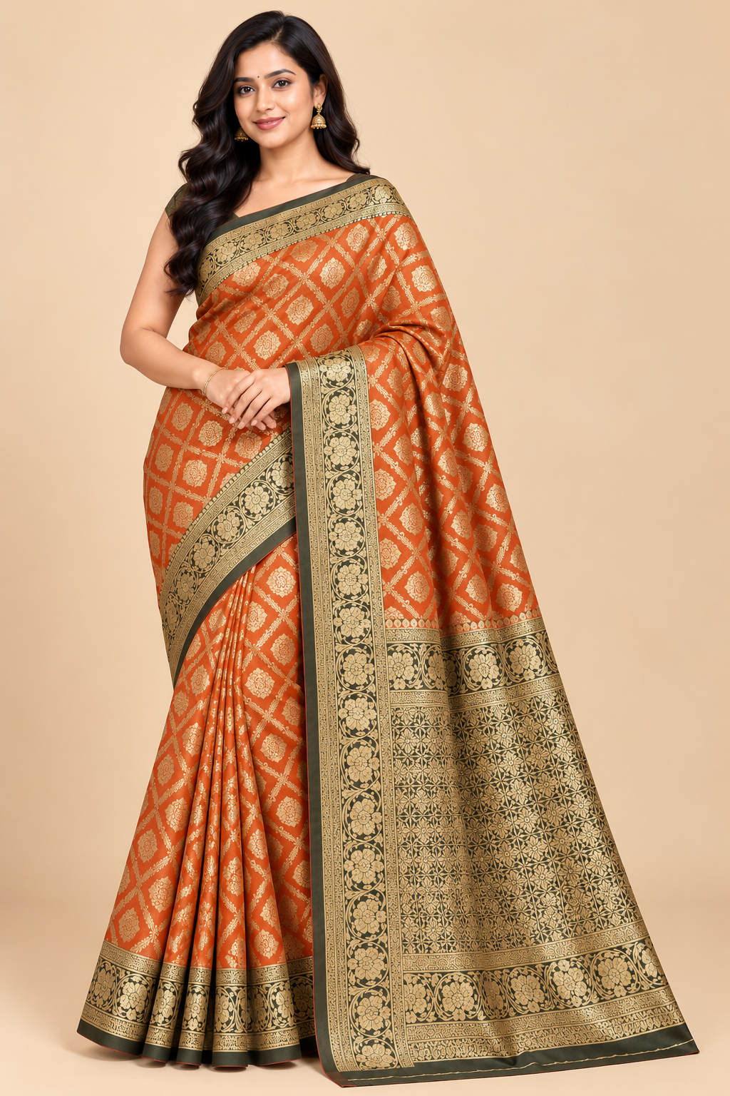 Rust Orange Saree with Golden Zari Motifs and Olive Green Brocade Border for Wedding & Festive Wear image 2