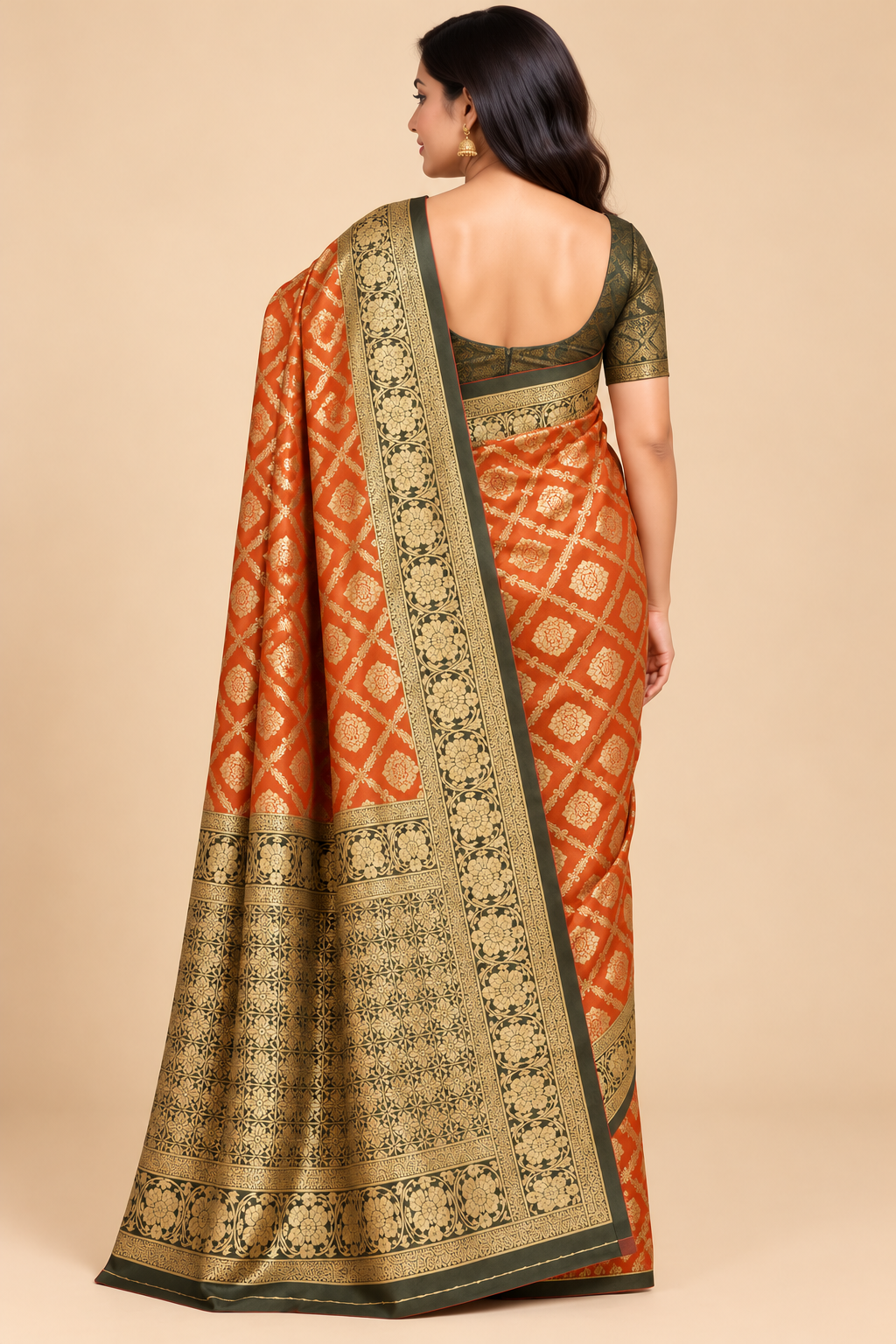 Rust Orange Saree with Golden Zari Motifs and Olive Green Brocade Border for Wedding & Festive Wear image 3
