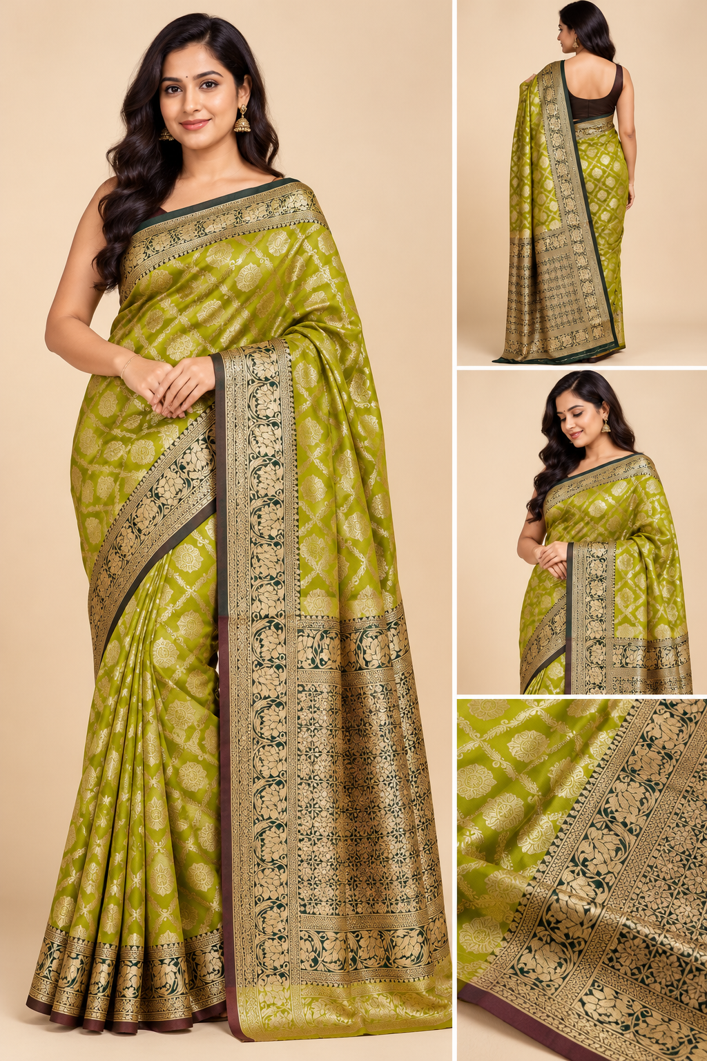 Olive Green Banarasi Style Silk Saree with Golden Zari Floral Border for Wedding & Festive Wear