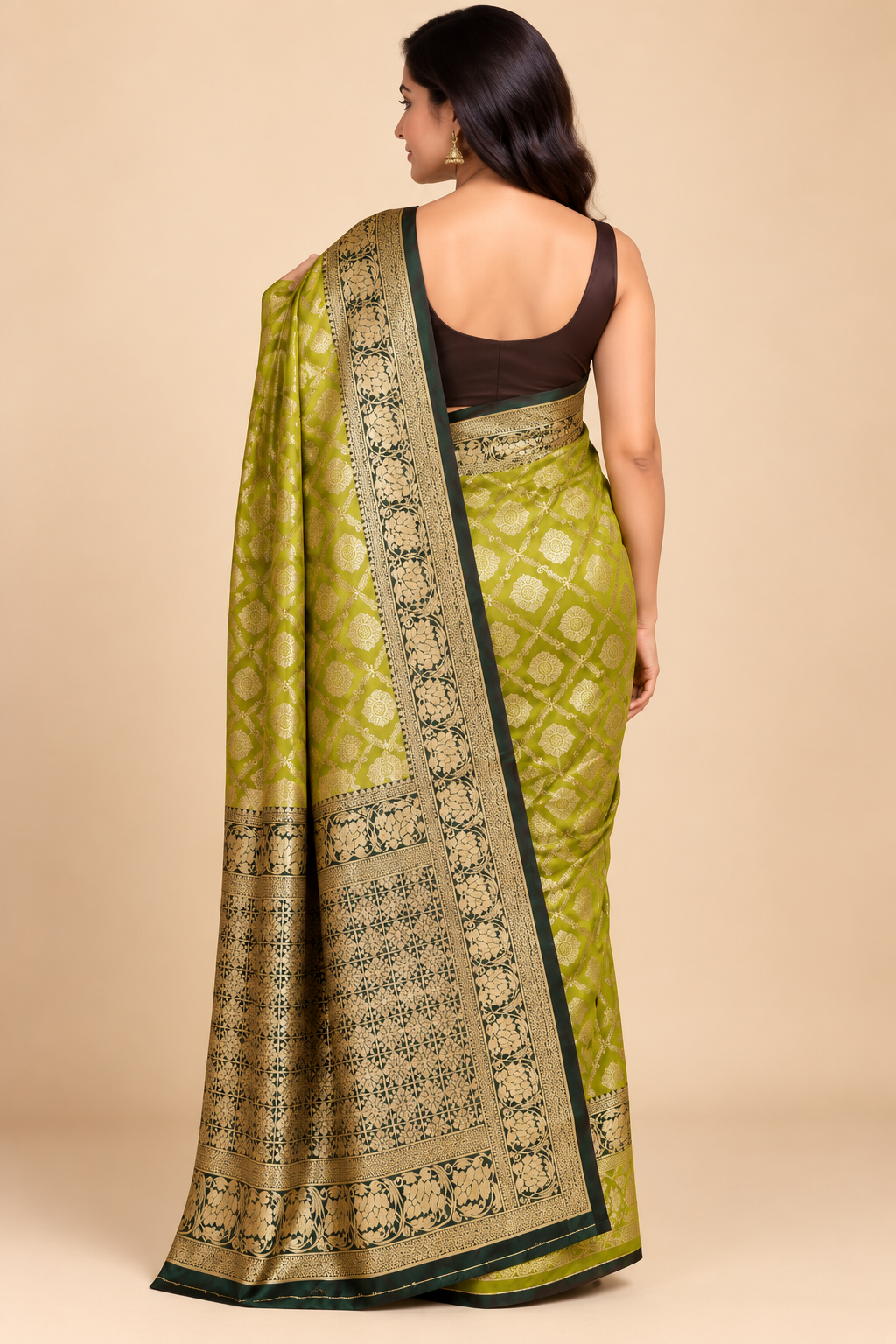 Olive Green Banarasi Style Silk Saree with Golden Zari Floral Border for Wedding & Festive Wear image 2