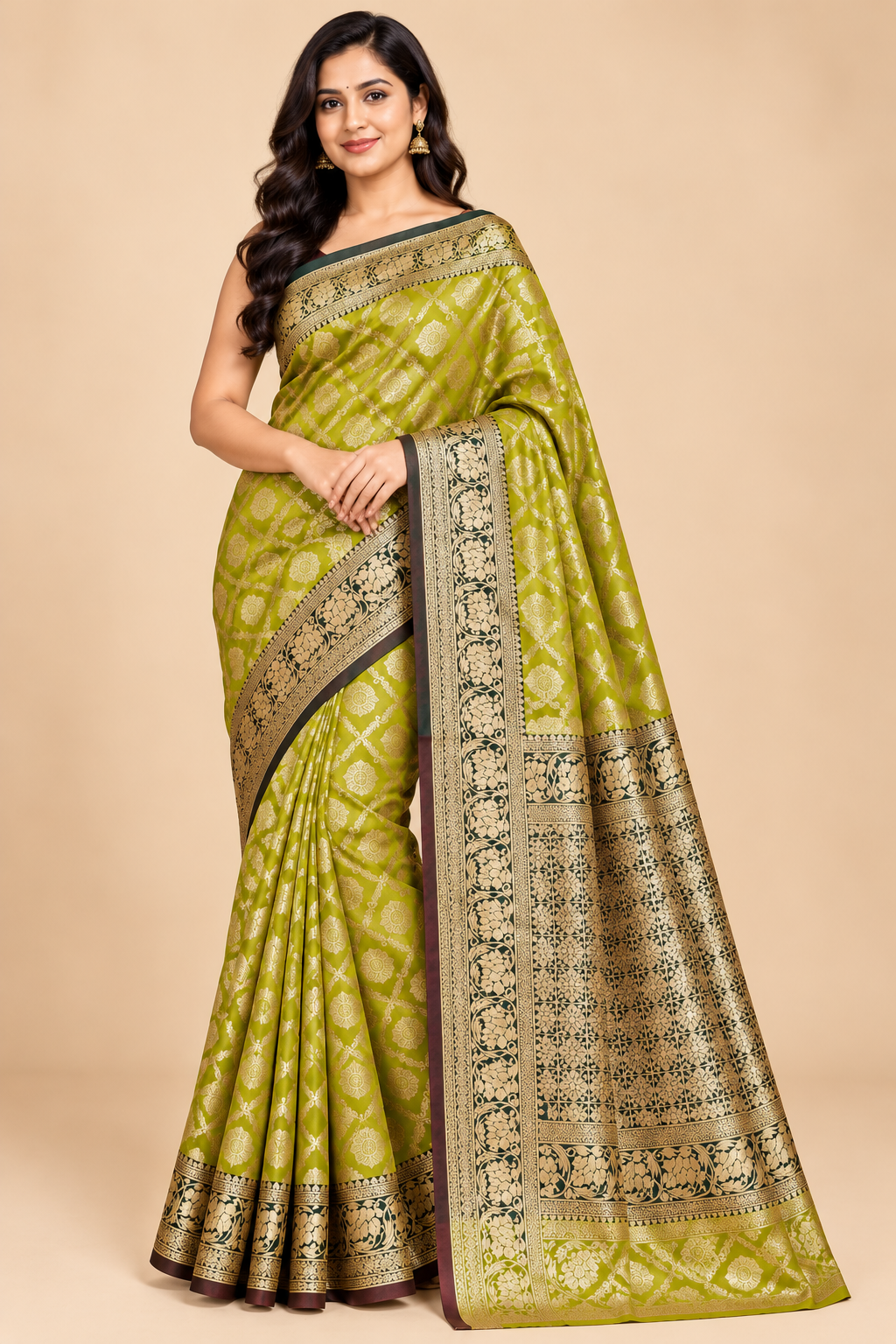 Olive Green Banarasi Style Silk Saree with Golden Zari Floral Border for Wedding & Festive Wear image 3