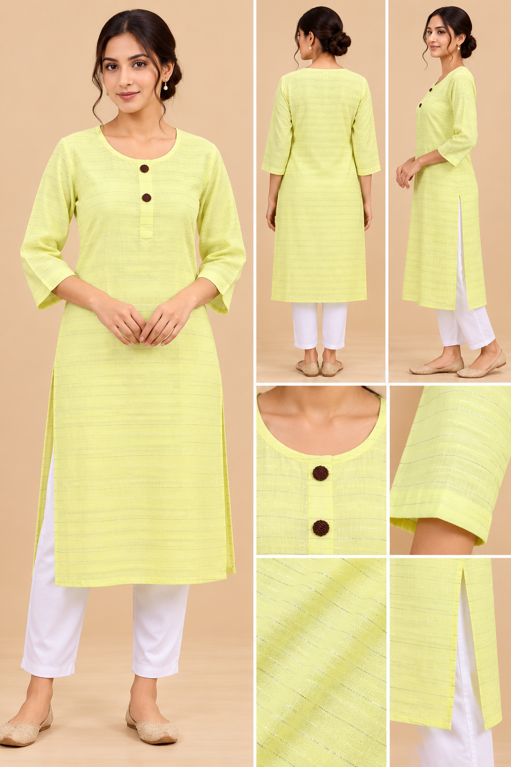 Women’s Lemon Yellow Striped Straight Kurti with Round Neck and 3/4 Sleeves