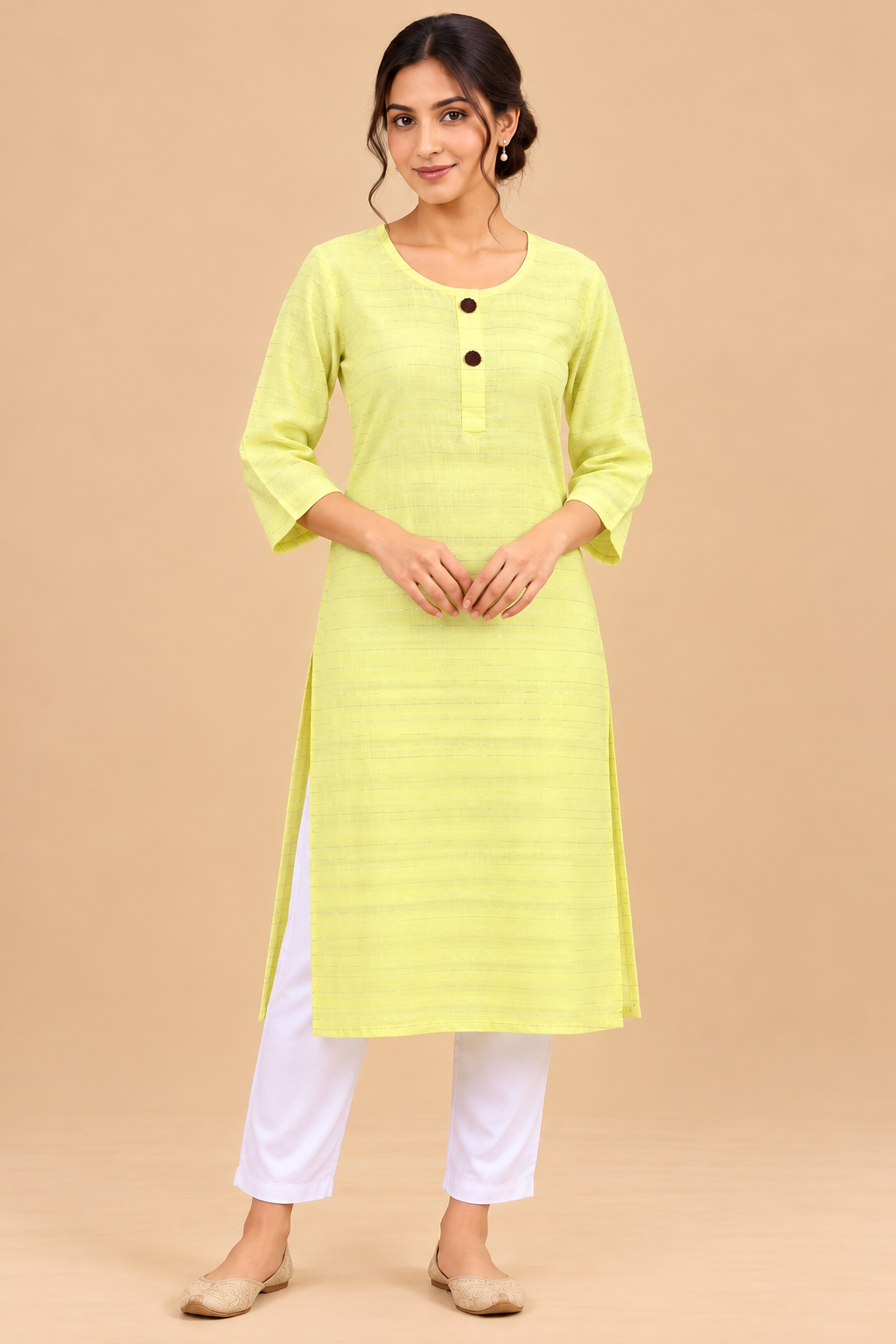 Women’s Lemon Yellow Striped Straight Kurti with Round Neck and 3/4 Sleeves image 2