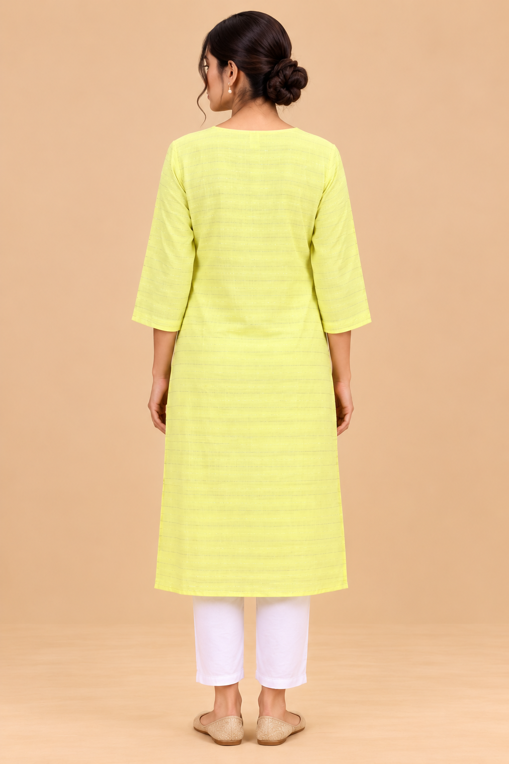Women’s Lemon Yellow Striped Straight Kurti with Round Neck and 3/4 Sleeves image 3