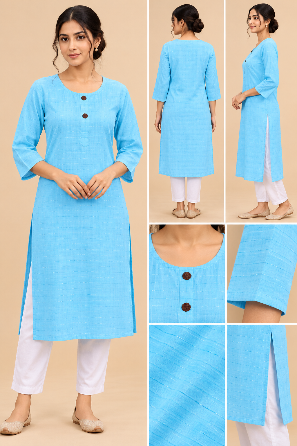 Women’s Sky Blue Textured Straight Kurti with Round Neck and 3/4 Sleeves