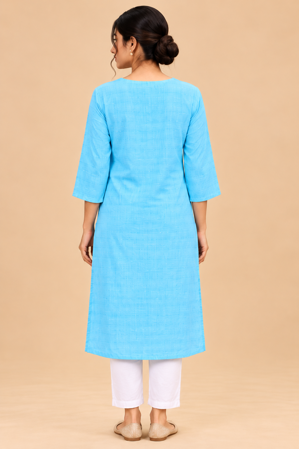 Women’s Sky Blue Textured Straight Kurti with Round Neck and 3/4 Sleeves image 2
