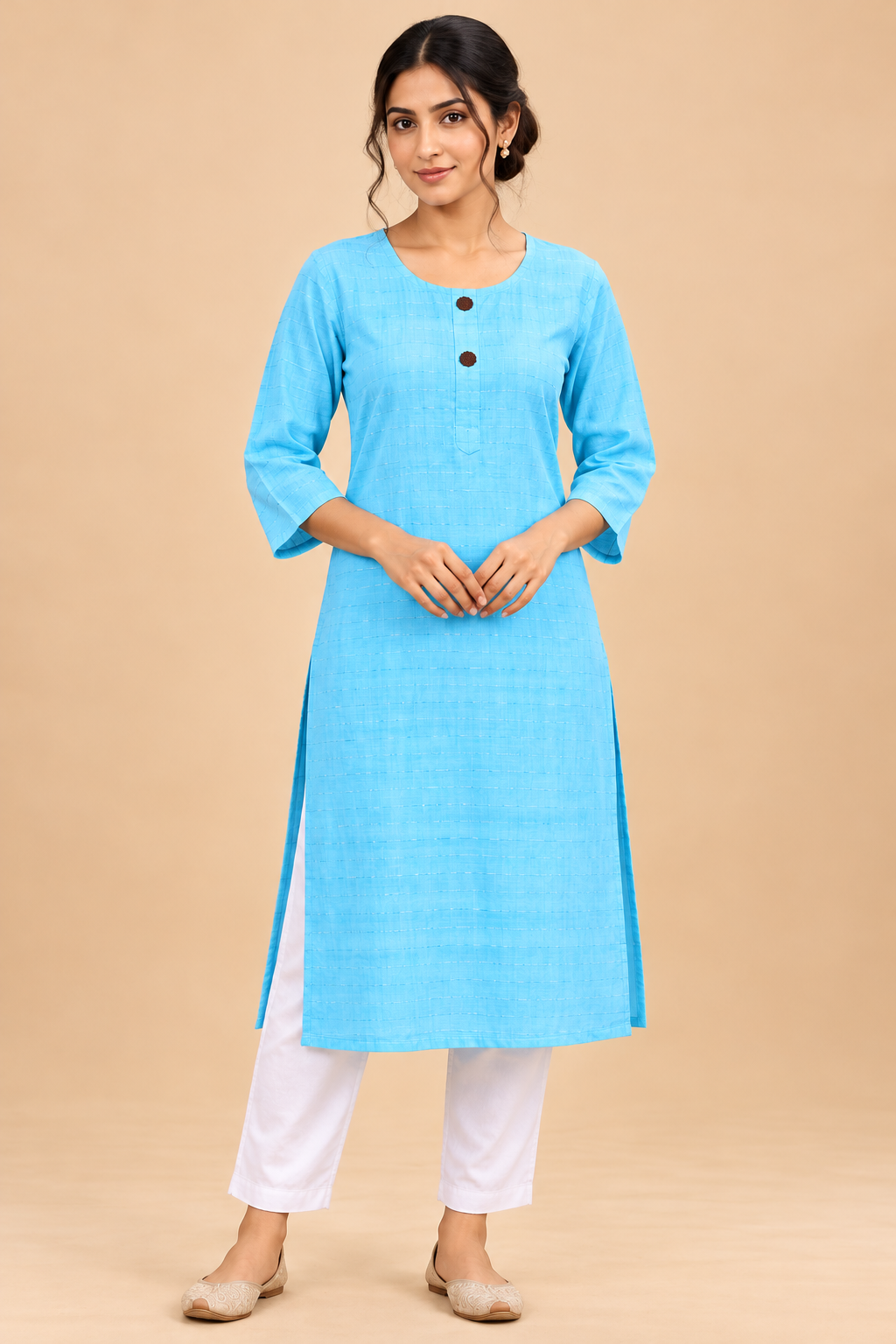 Women’s Sky Blue Textured Straight Kurti with Round Neck and 3/4 Sleeves image 3