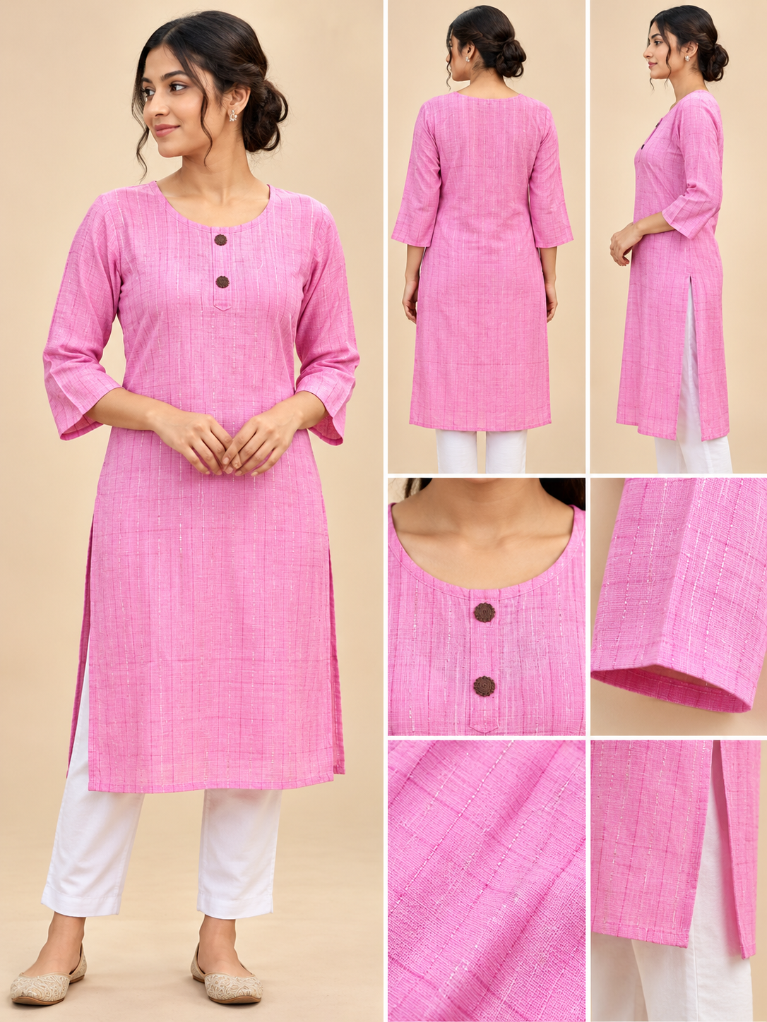 Women’s Pink Textured Straight Kurti with Round Neck and 3/4 Sleeves