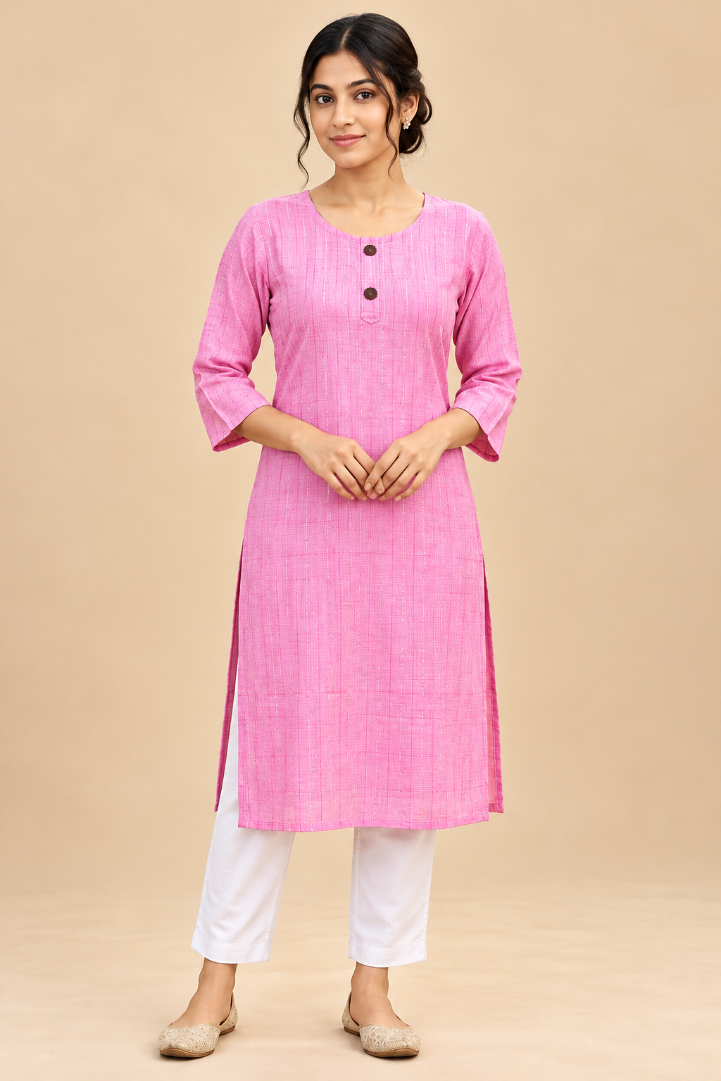 Women’s Pink Textured Straight Kurti with Round Neck and 3/4 Sleeves image 2