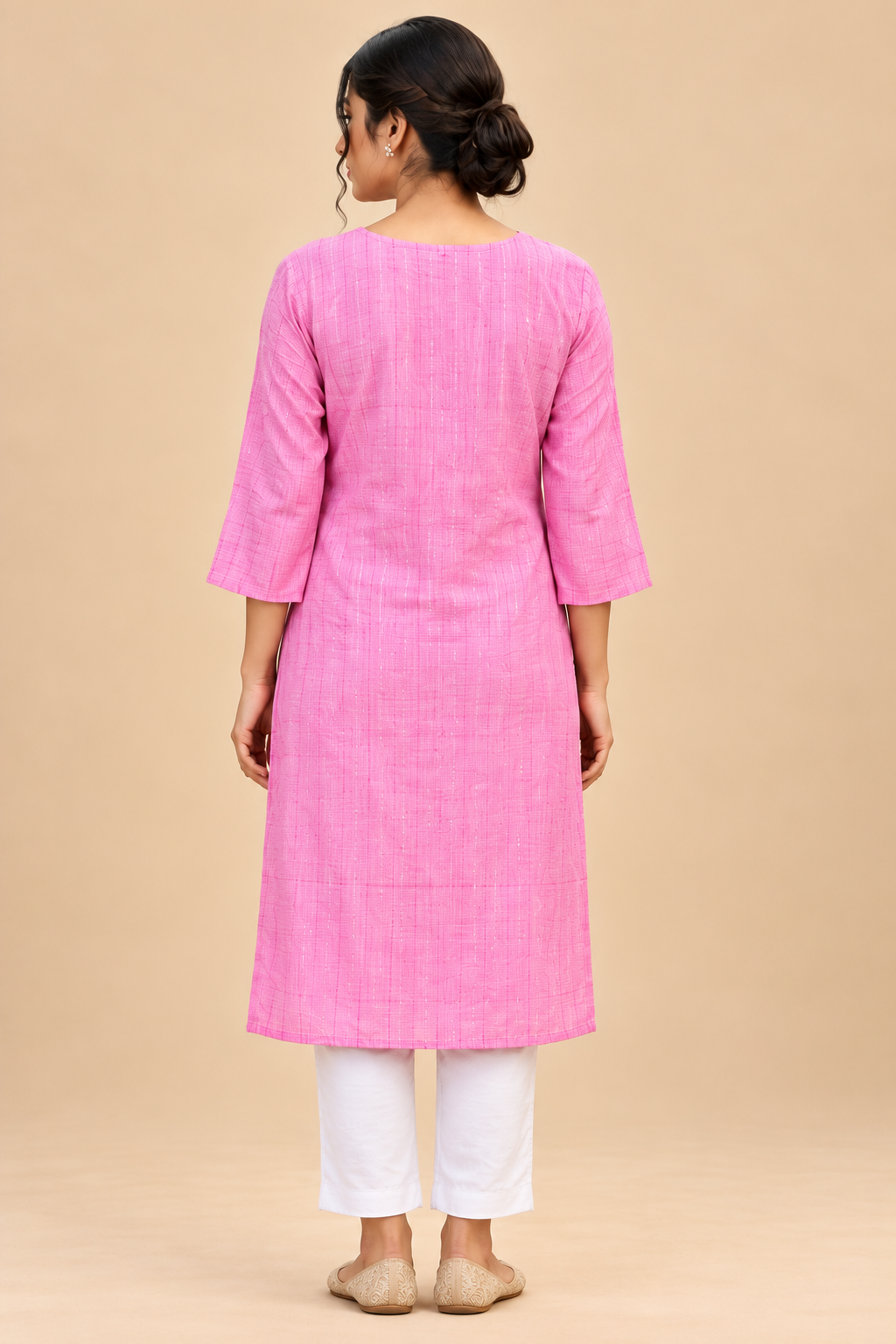 Women’s Pink Textured Straight Kurti with Round Neck and 3/4 Sleeves image 3