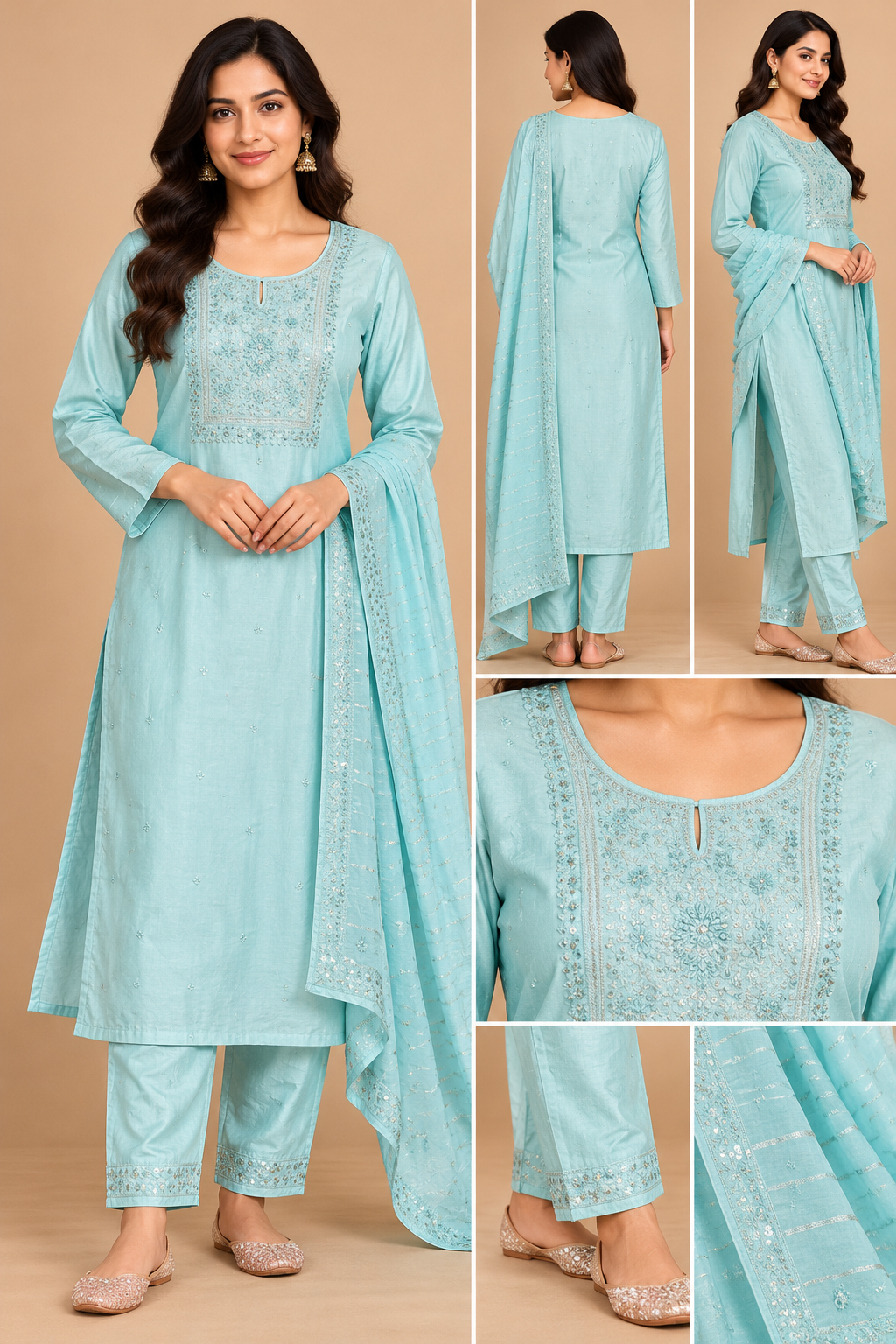 Aqua Blue Embroidered Kurta Pant Dupatta Set for Women