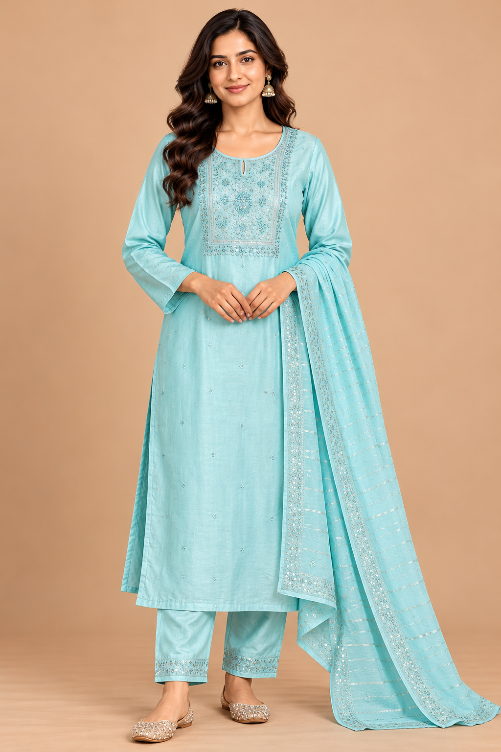 Aqua Blue Embroidered Kurta Pant Dupatta Set for Women image 2