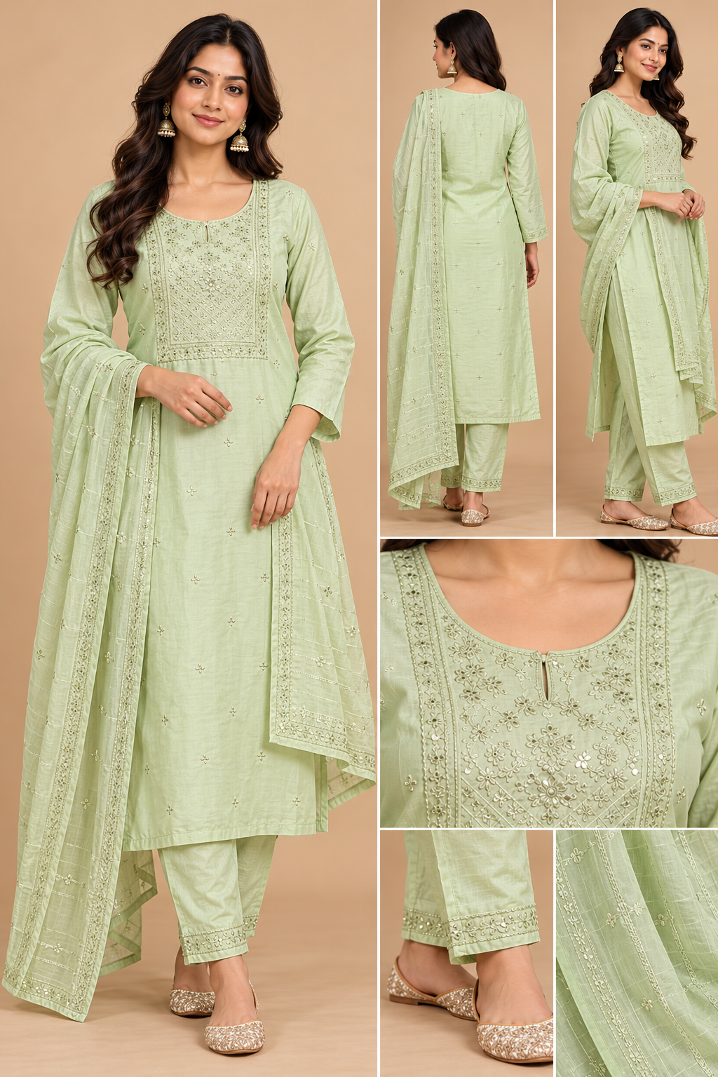 Pastel Mint Green Embroidered Kurta Pant Dupatta Set for Women