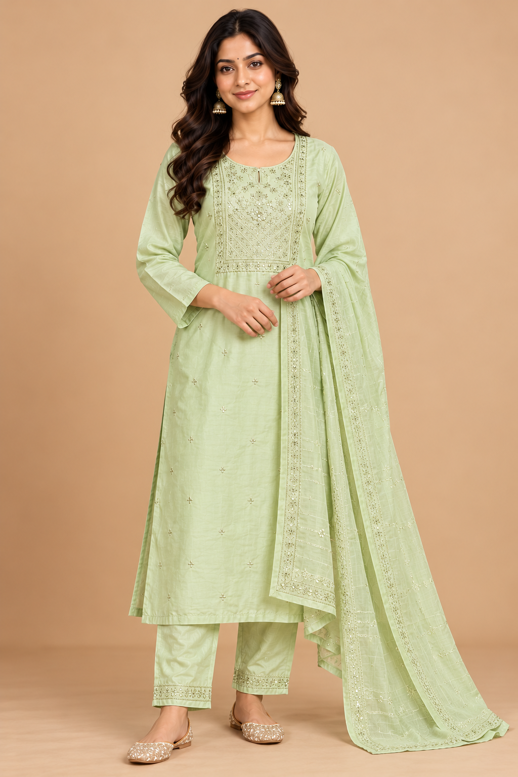 Pastel Mint Green Embroidered Kurta Pant Dupatta Set for Women image 3
