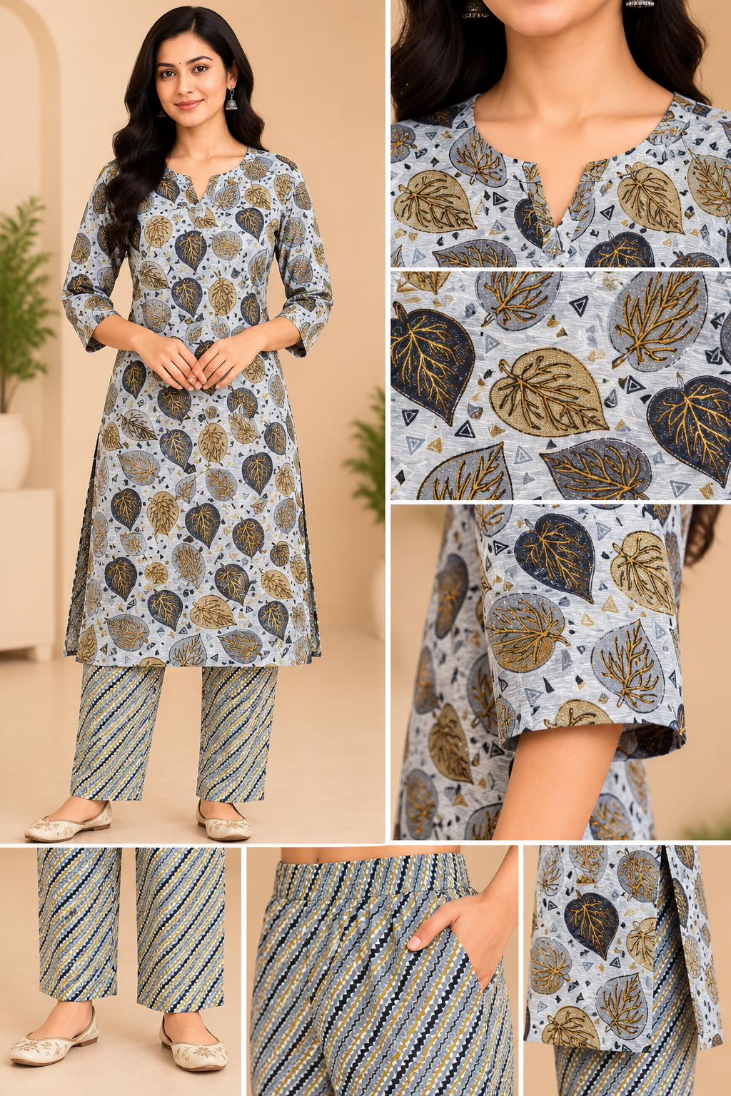 Grey Leaf Printed Kurta Pant Set for Women | Casual & Office Ethnic Wear