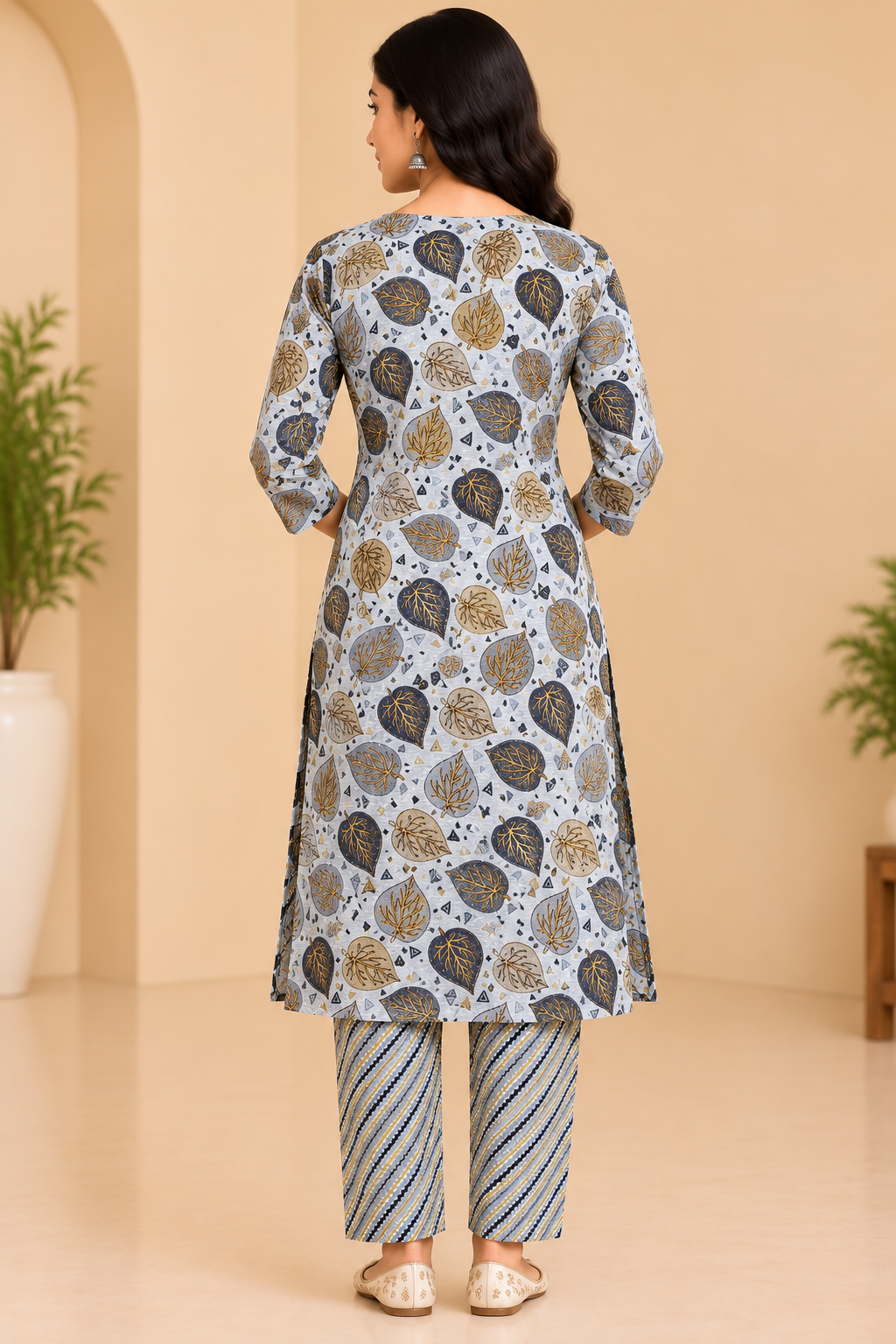 Grey Leaf Printed Kurta Pant Set for Women | Casual & Office Ethnic Wear image 2