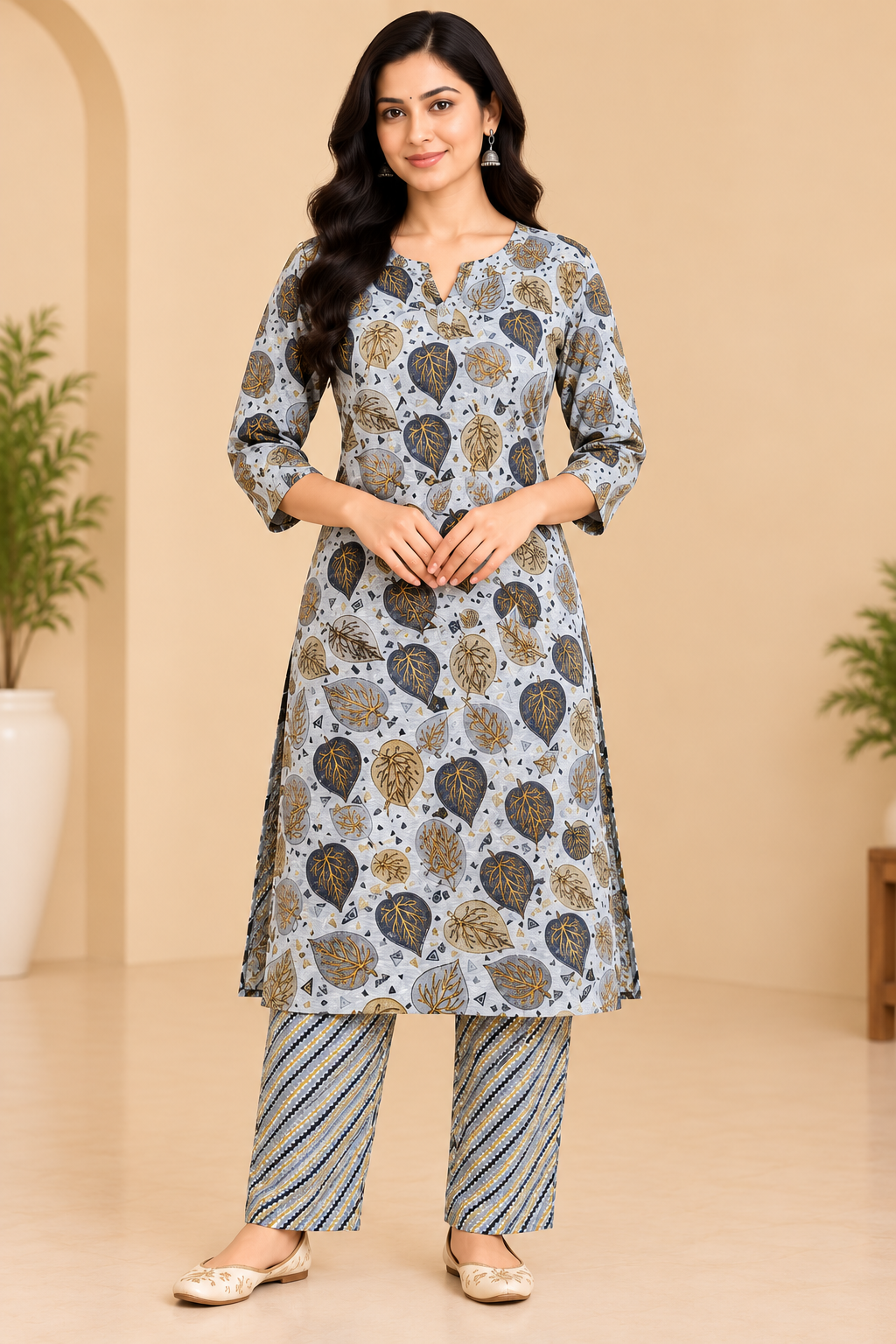 Grey Leaf Printed Kurta Pant Set for Women | Casual & Office Ethnic Wear image 3