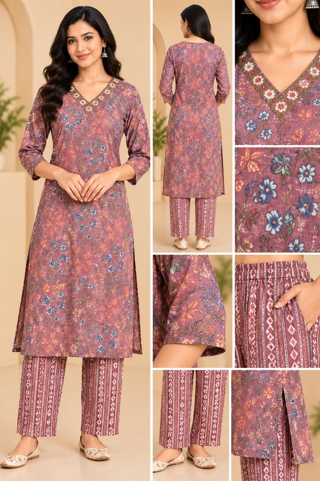 Dusty Mauve Floral Printed Kurta Pant Set for Women | Ethnic Wear