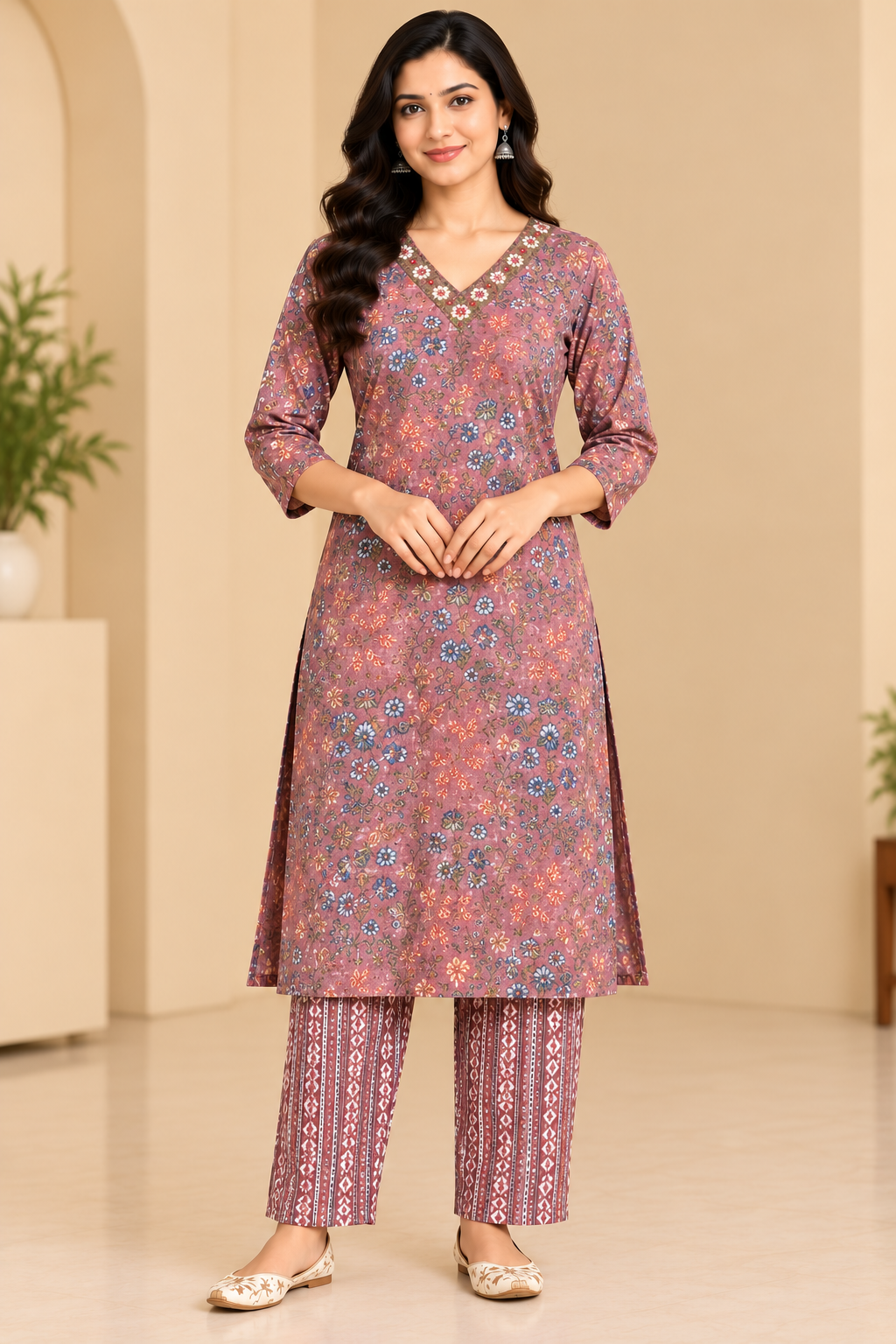 Dusty Mauve Floral Printed Kurta Pant Set for Women | Ethnic Wear image 3