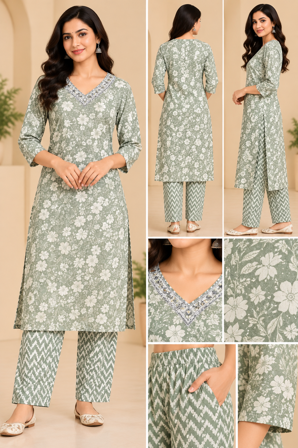 Sage Green Floral Printed Kurta Pant Set for Women | Ethnic Wear