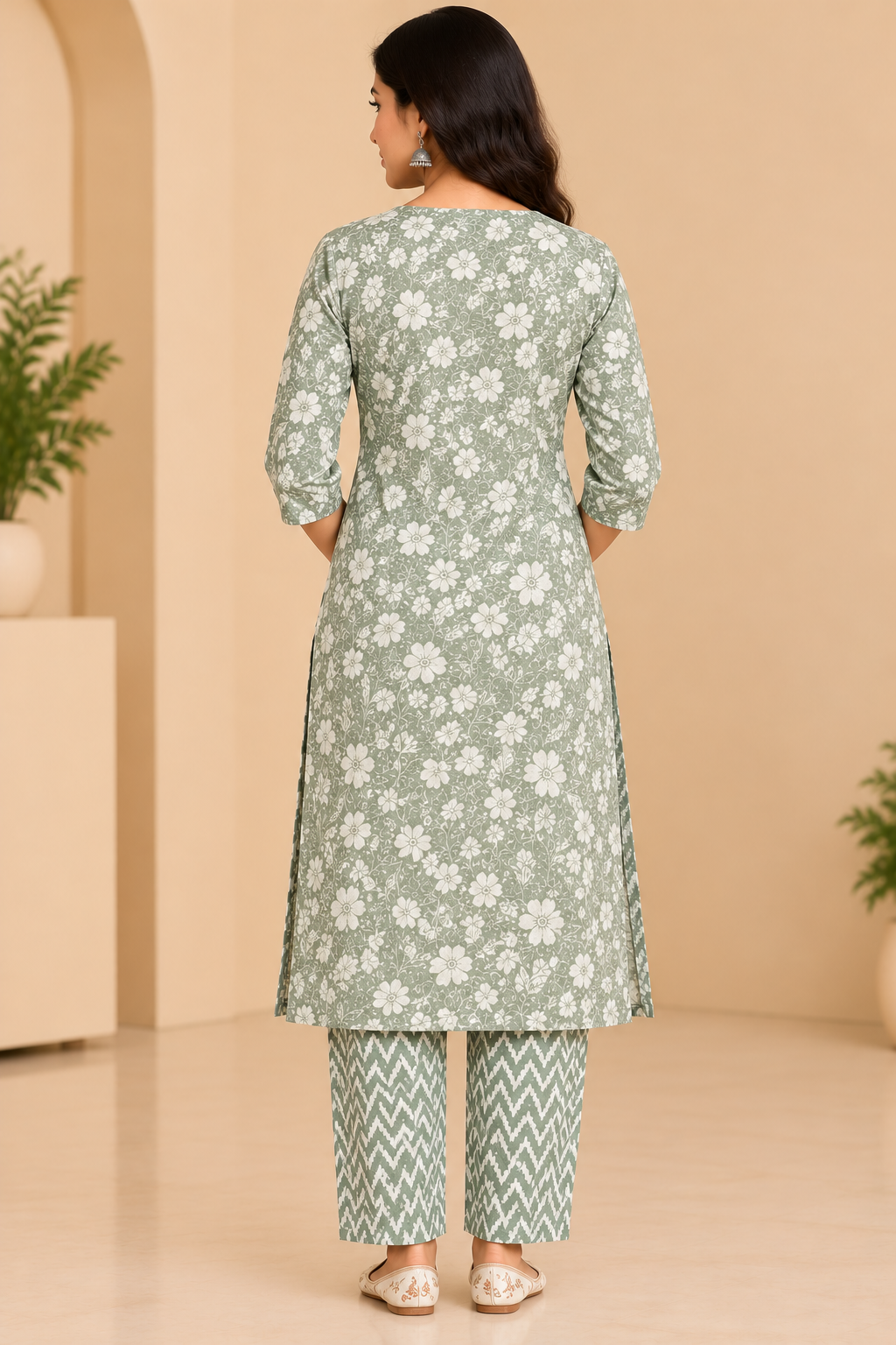 Sage Green Floral Printed Kurta Pant Set for Women | Ethnic Wear image 2