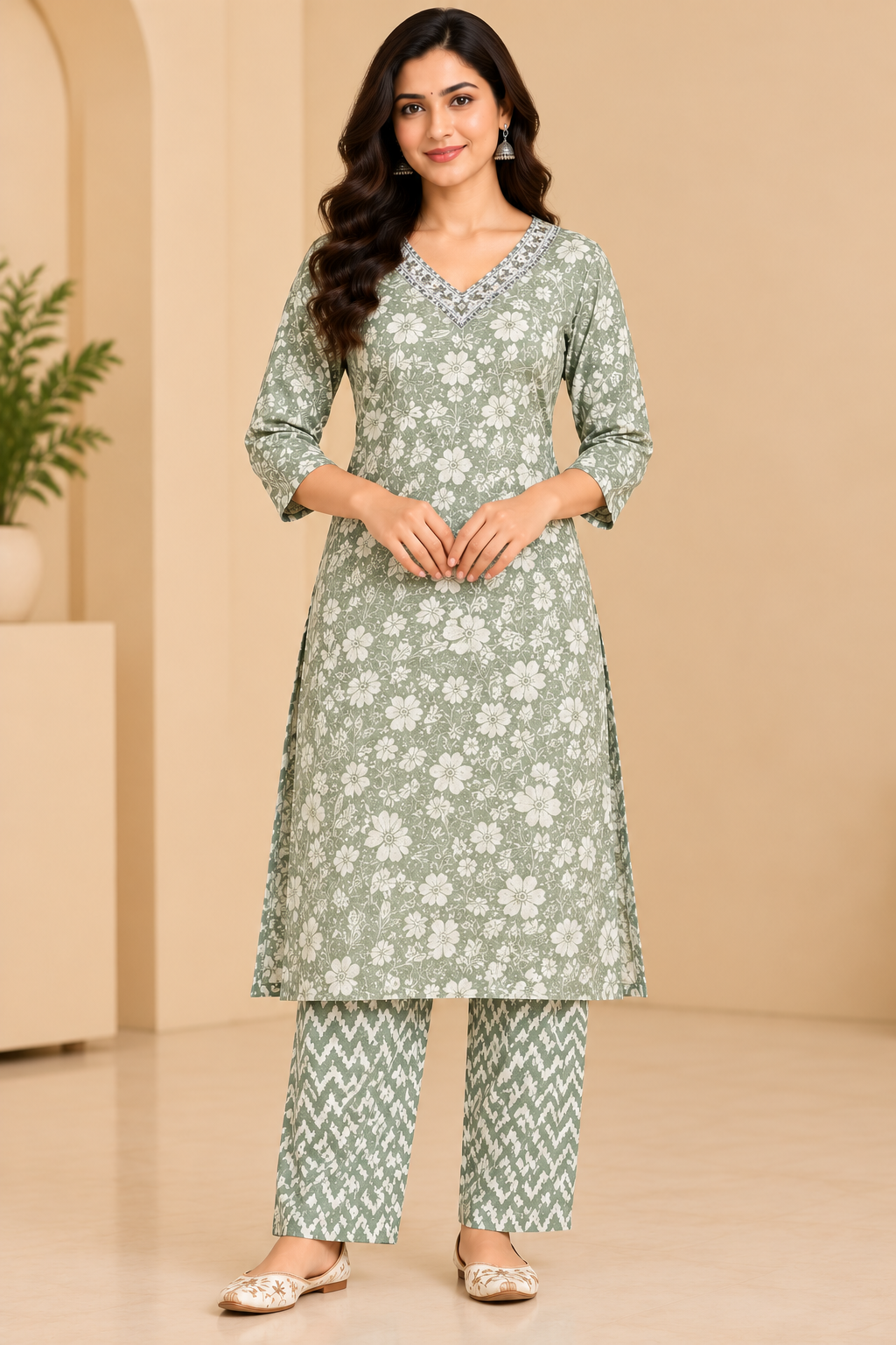 Sage Green Floral Printed Kurta Pant Set for Women | Ethnic Wear image 3