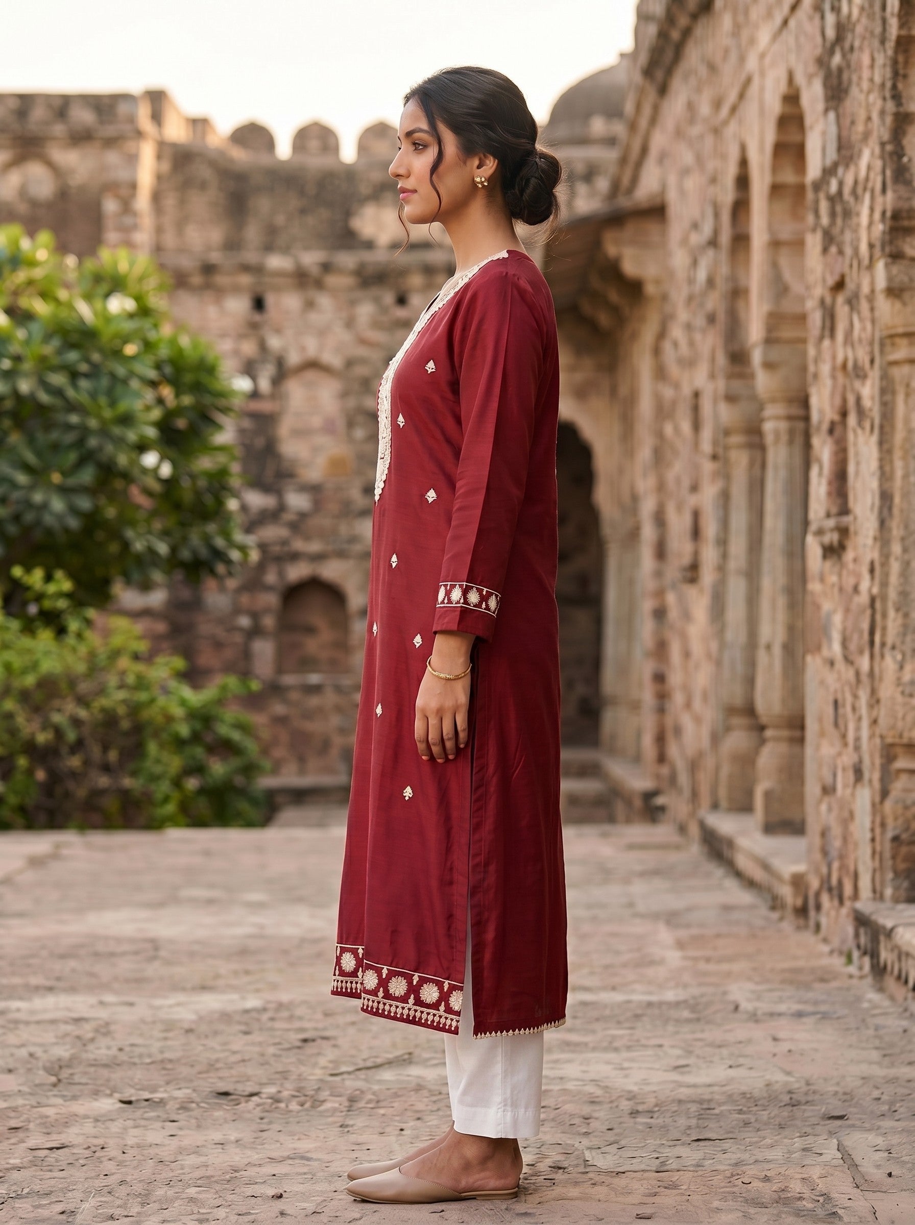 Red Cotton Embroidered Kurti for Women (Straight Fit) image 2