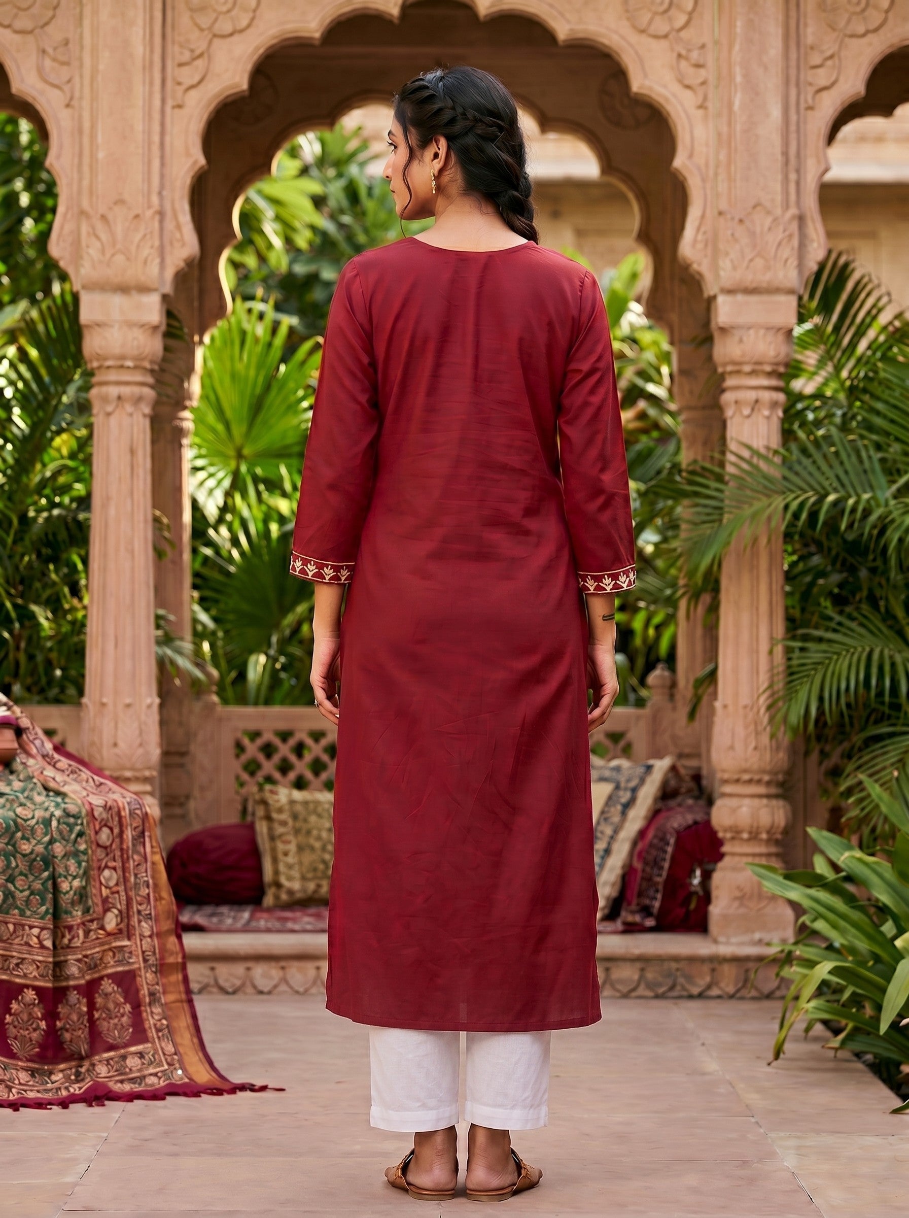 Red Cotton Embroidered Kurti for Women (Straight Fit) image 3