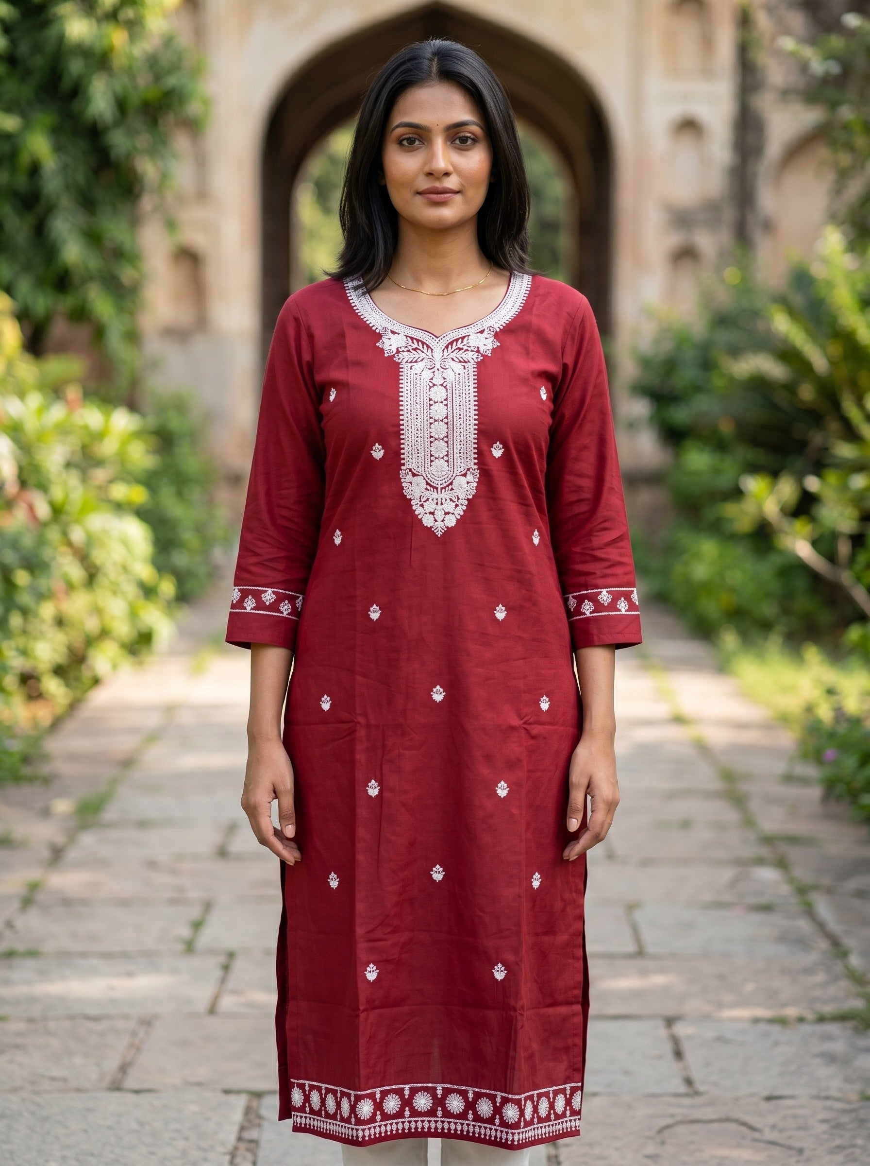 Red Cotton Embroidered Kurti for Women (Straight Fit) image 4