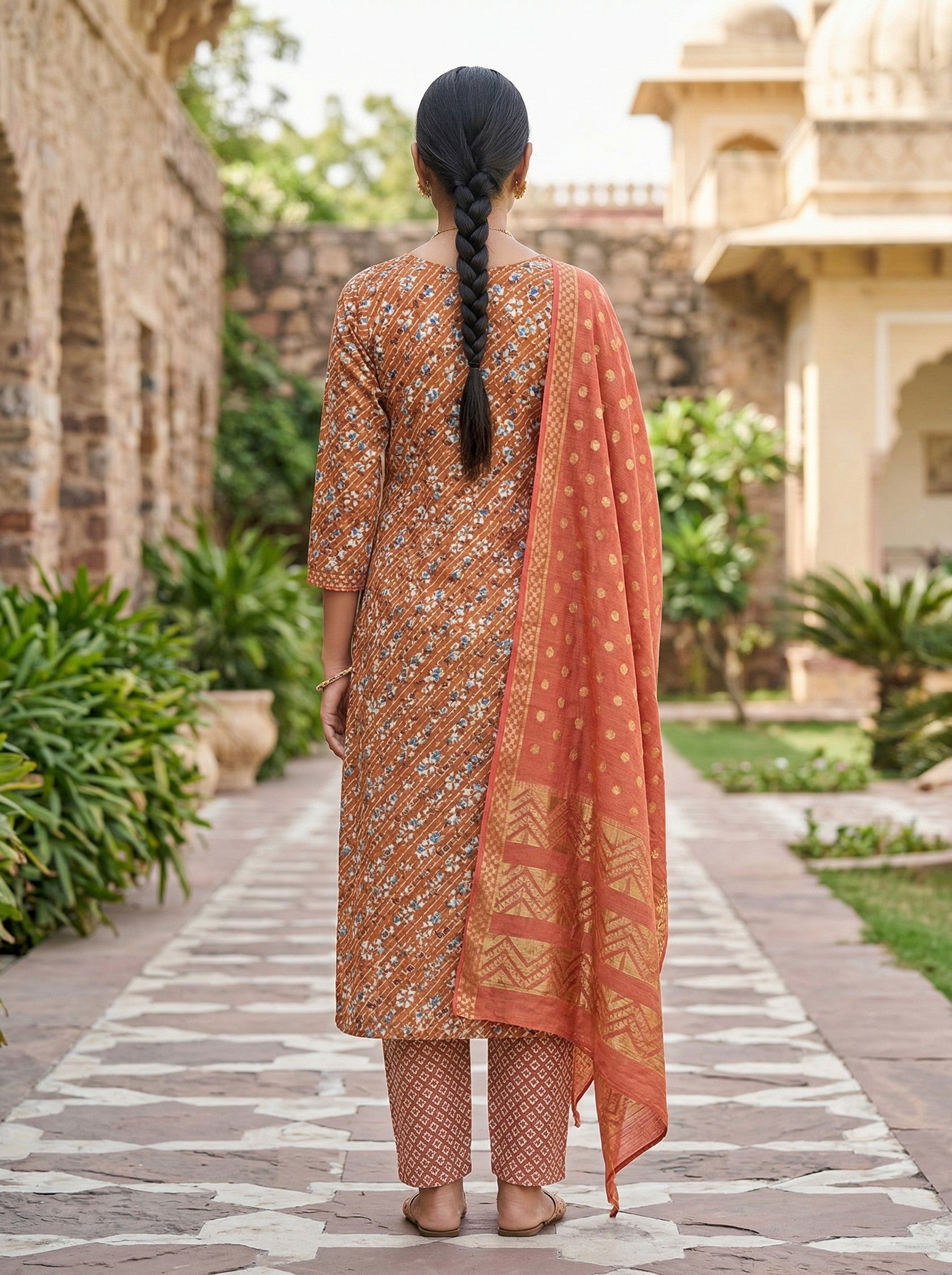 Rust Orange Cotton Printed Kurti Pant Dupatta Set (3 Pc Ethnic Set) (Copy) image 3