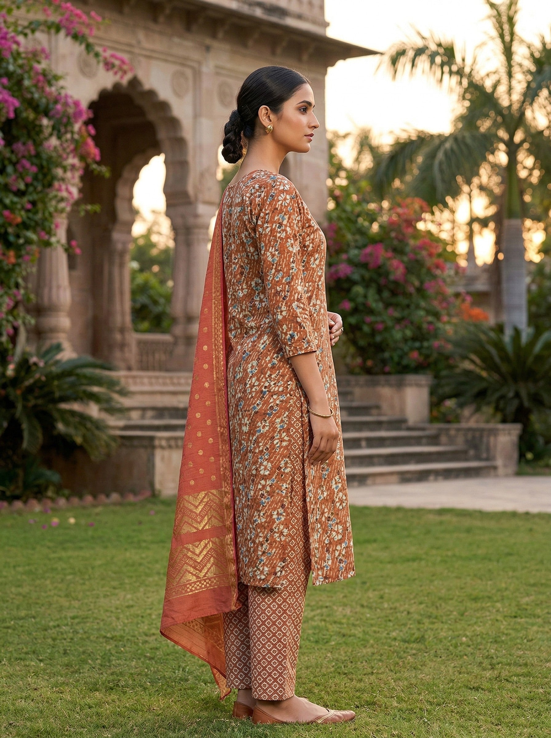 Rust Orange Cotton Printed Kurti Pant Dupatta Set (3 Pc Ethnic Set) image 2