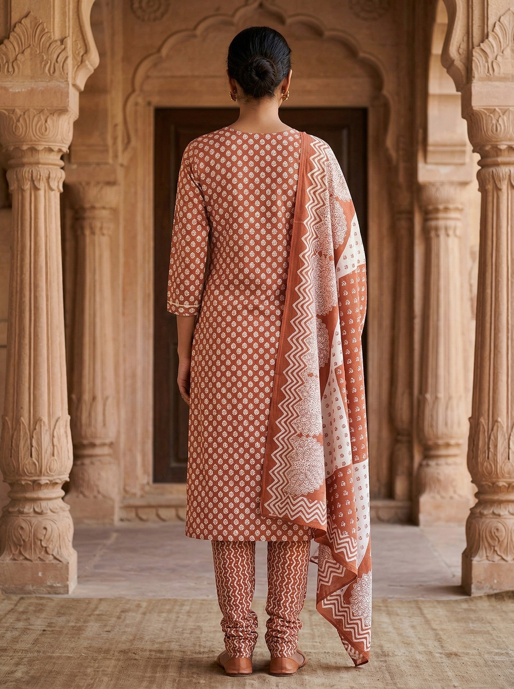 Rust Brown Cotton Printed Kurti Pant Dupatta Set (3 Pc Ethnic Set) image 2