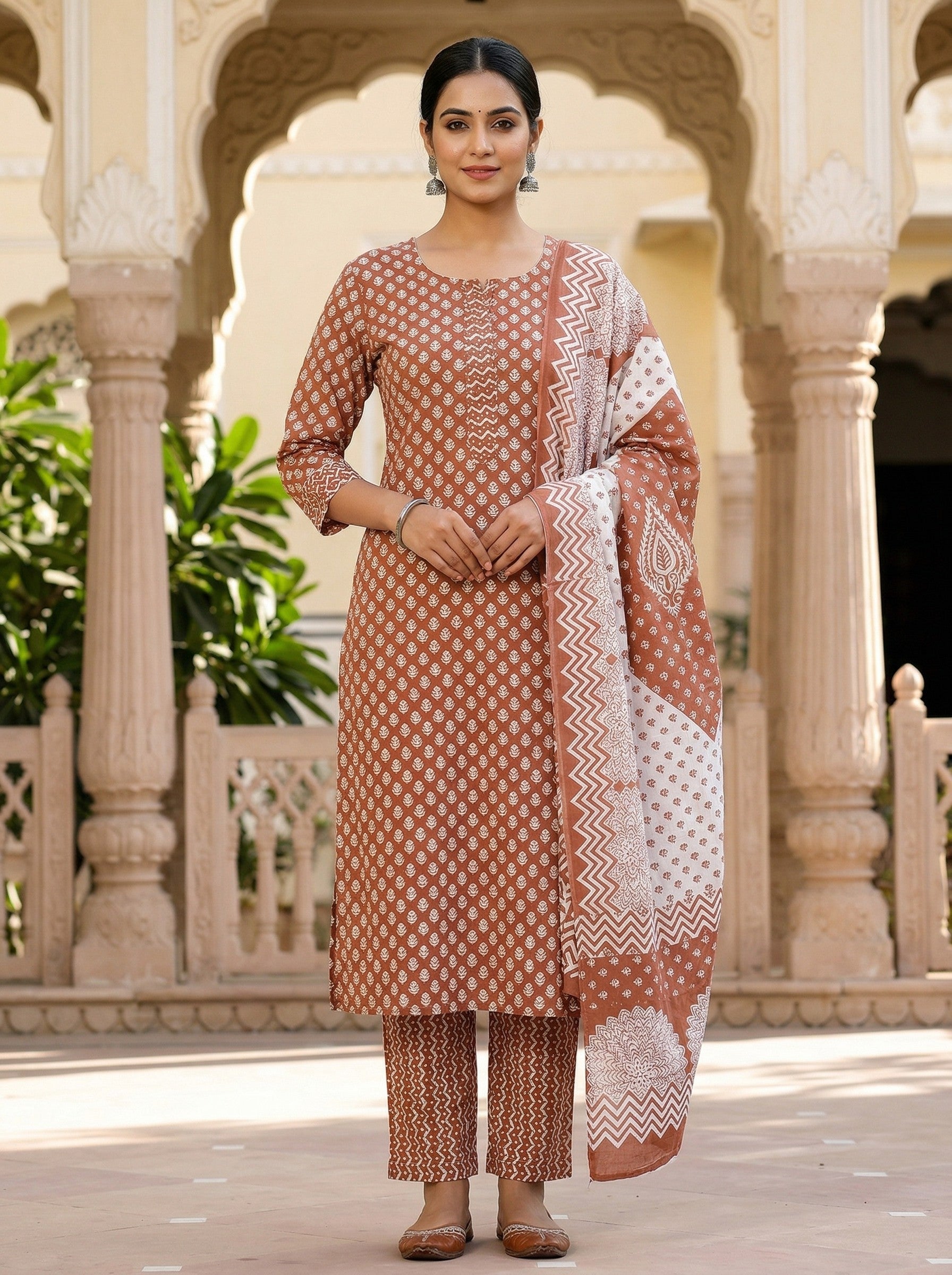 Rust Brown Cotton Printed Kurti Pant Dupatta Set (3 Pc Ethnic Set) image 3