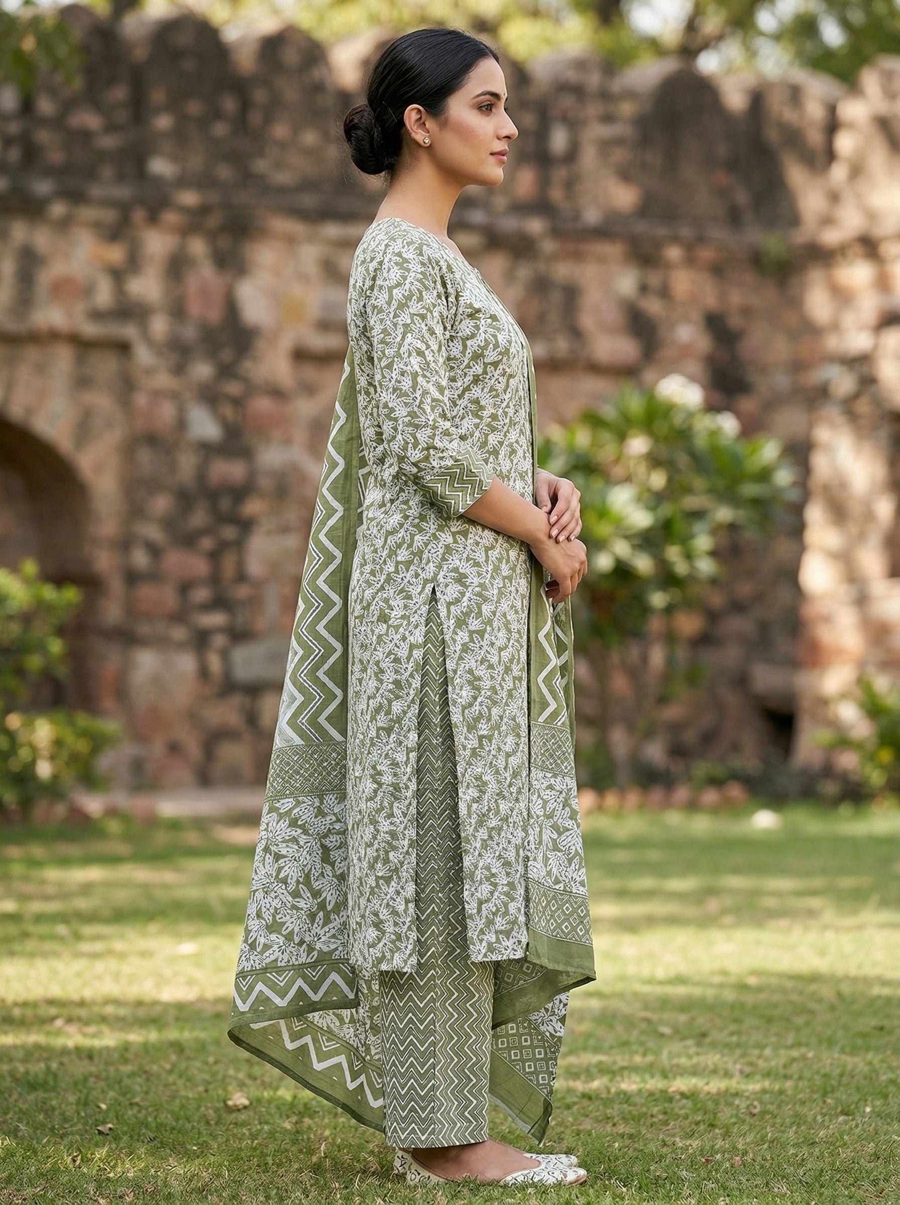 Olive Green Cotton Printed Kurti Pant Dupatta Set (3 Pc Ethnic Set) image 2