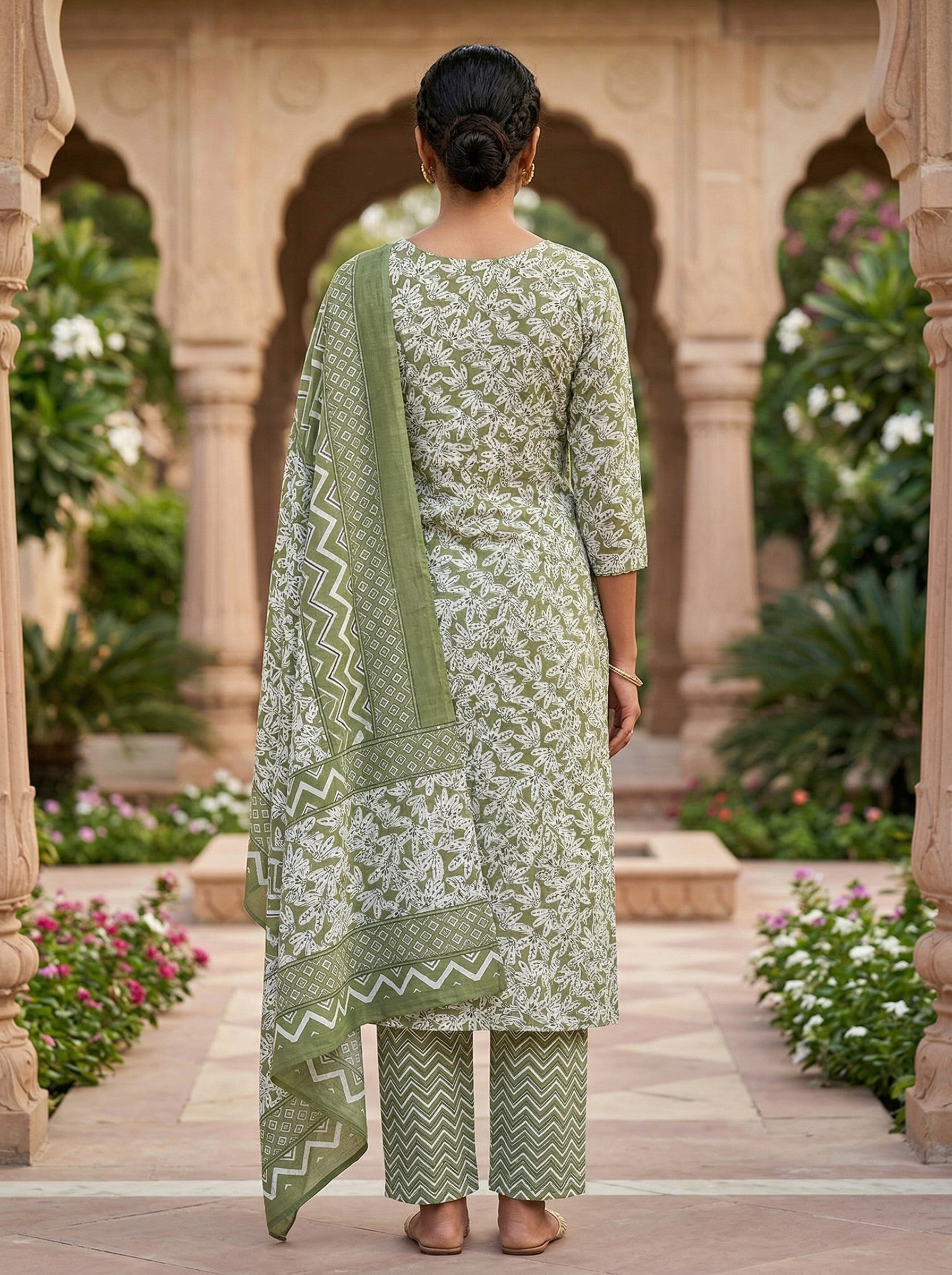 Olive Green Cotton Printed Kurti Pant Dupatta Set (3 Pc Ethnic Set) image 3