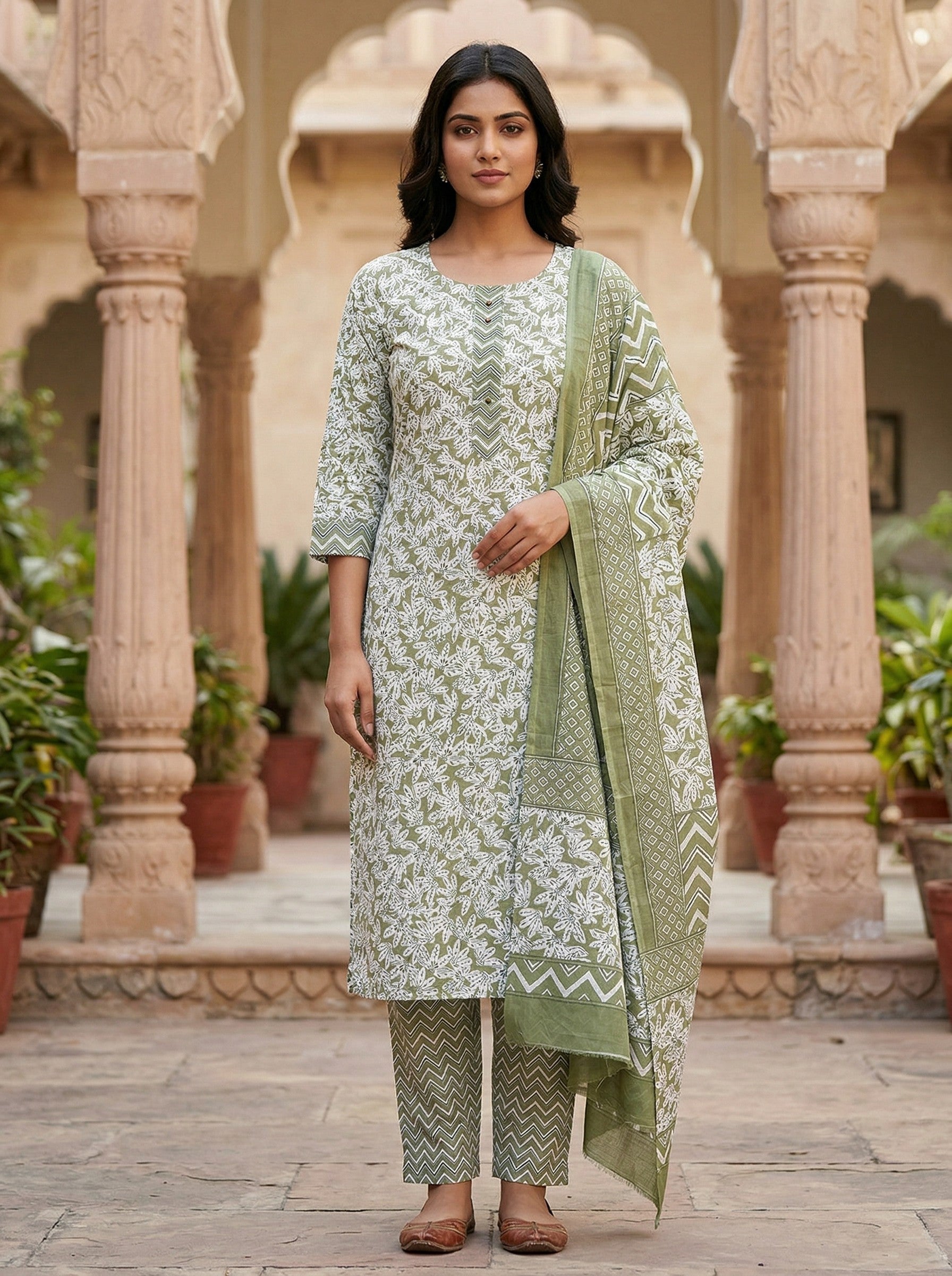 Olive Green Cotton Printed Kurti Pant Dupatta Set (3 Pc Ethnic Set) image 4