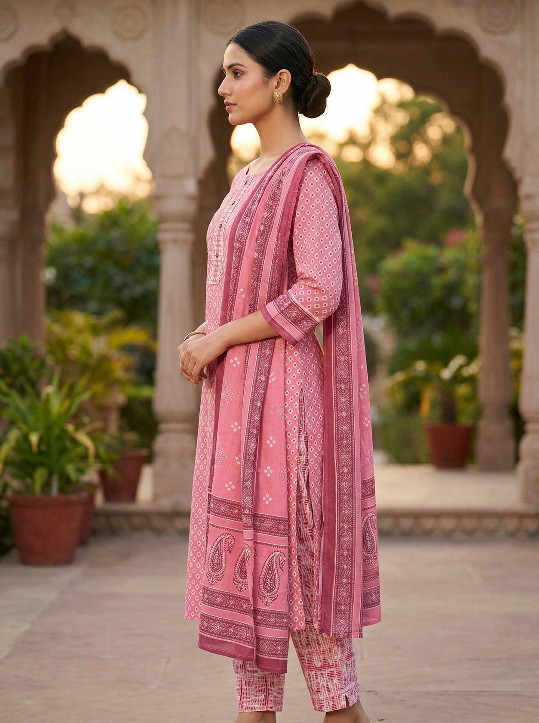 Pink Cotton Printed Kurti Pant Dupatta Set (3 Pc Ethnic Set) image 2
