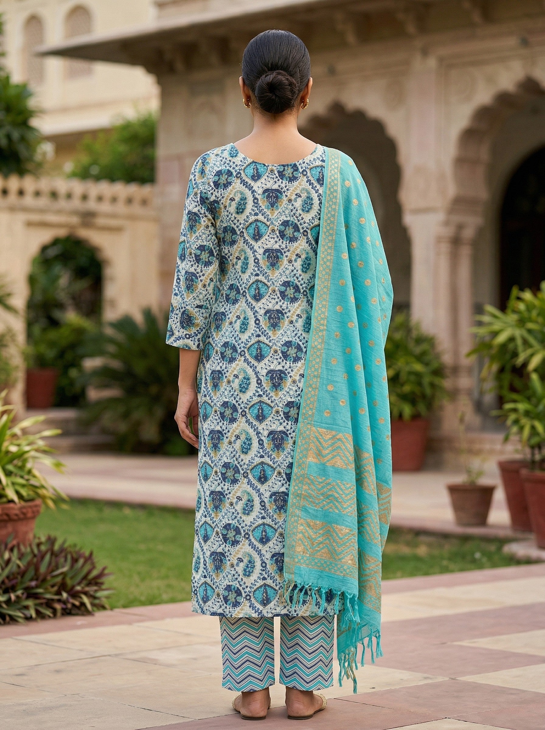 Sky Blue Cotton Printed Kurti Pant Dupatta Set (3 Pc Ethnic Set) image 2