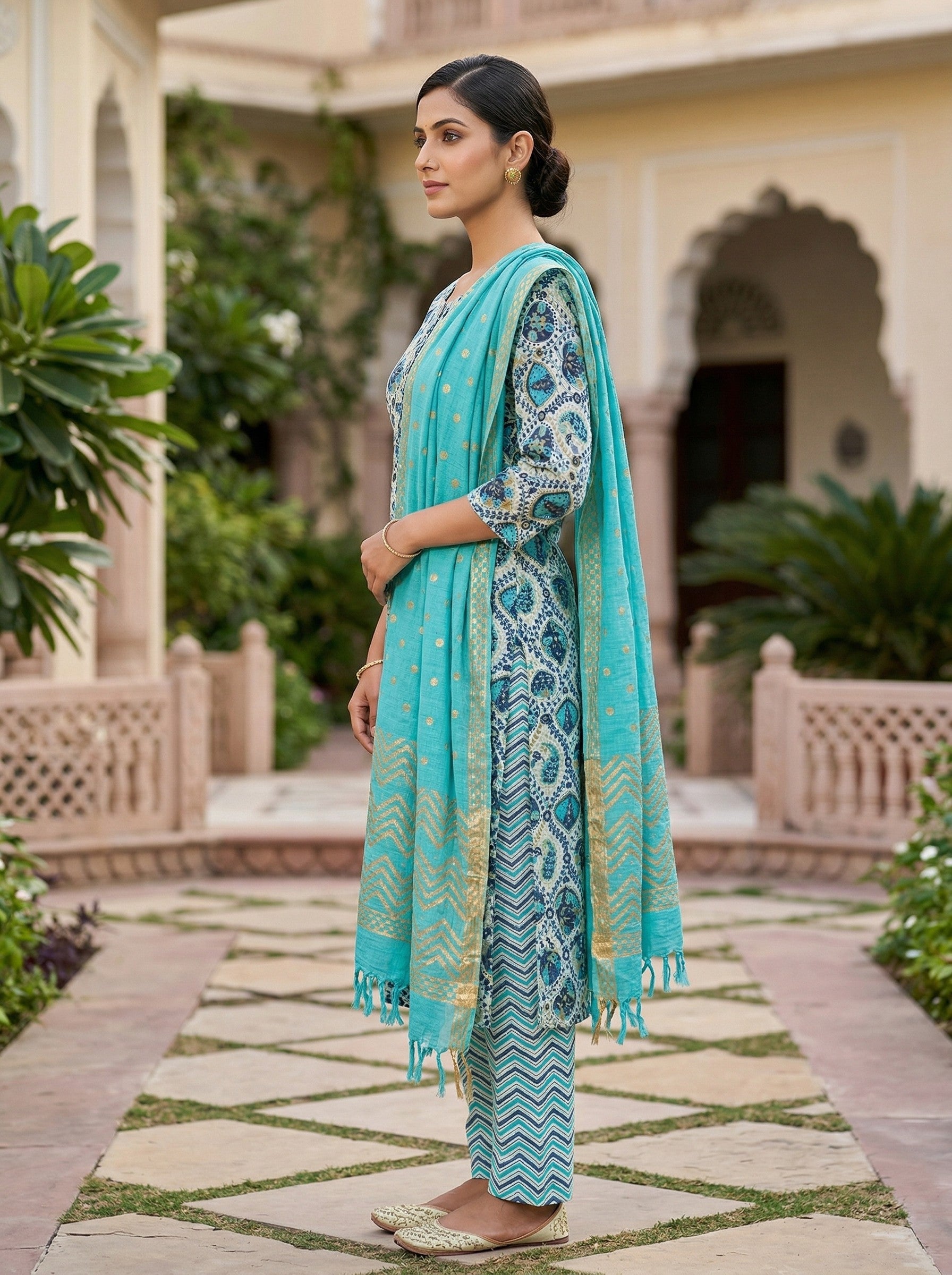 Sky Blue Cotton Printed Kurti Pant Dupatta Set (3 Pc Ethnic Set) image 3