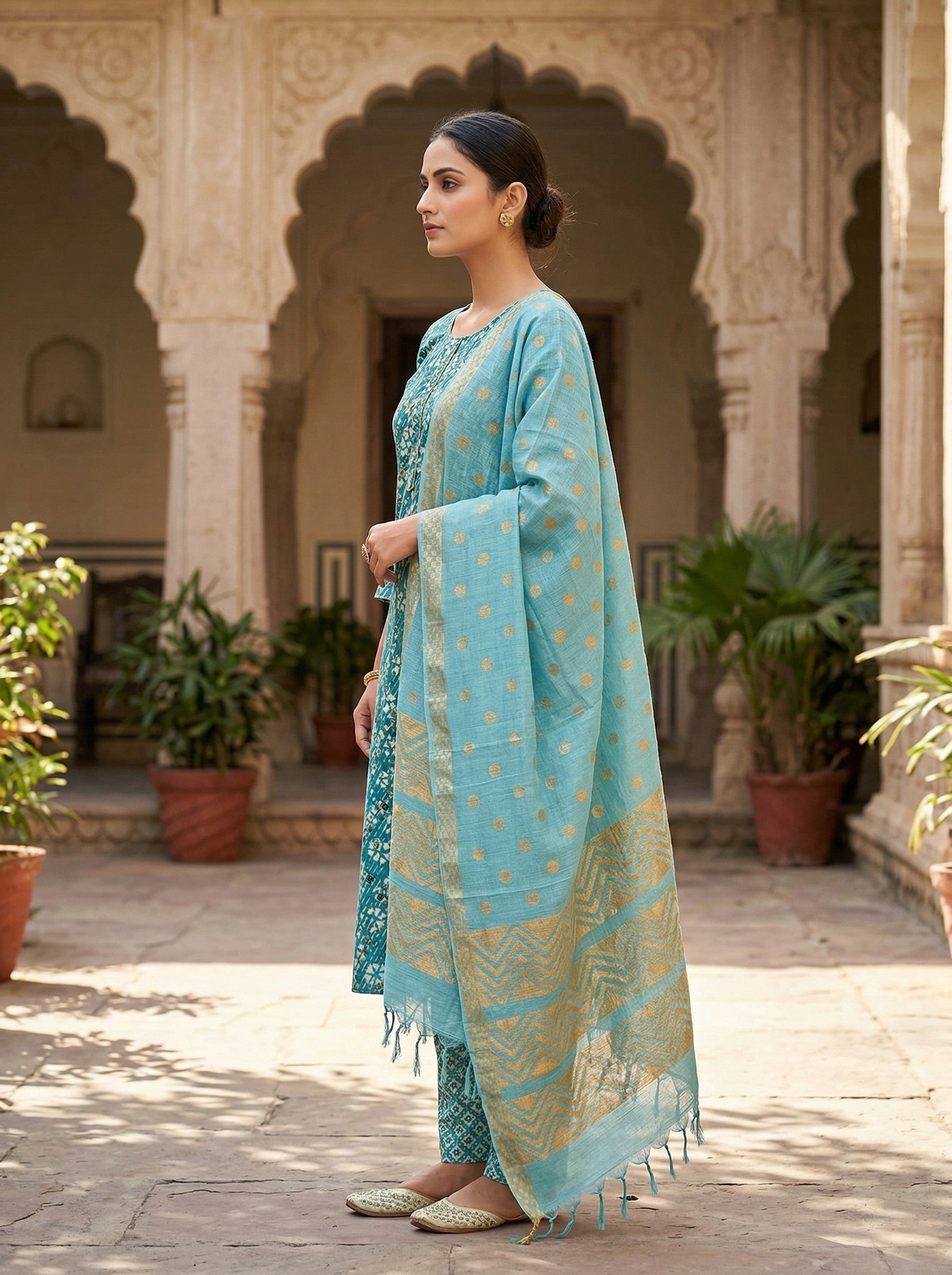 Teal Blue Cotton Printed Kurti Pant Dupatta Set (3 Pc Ethnic Set) image 2