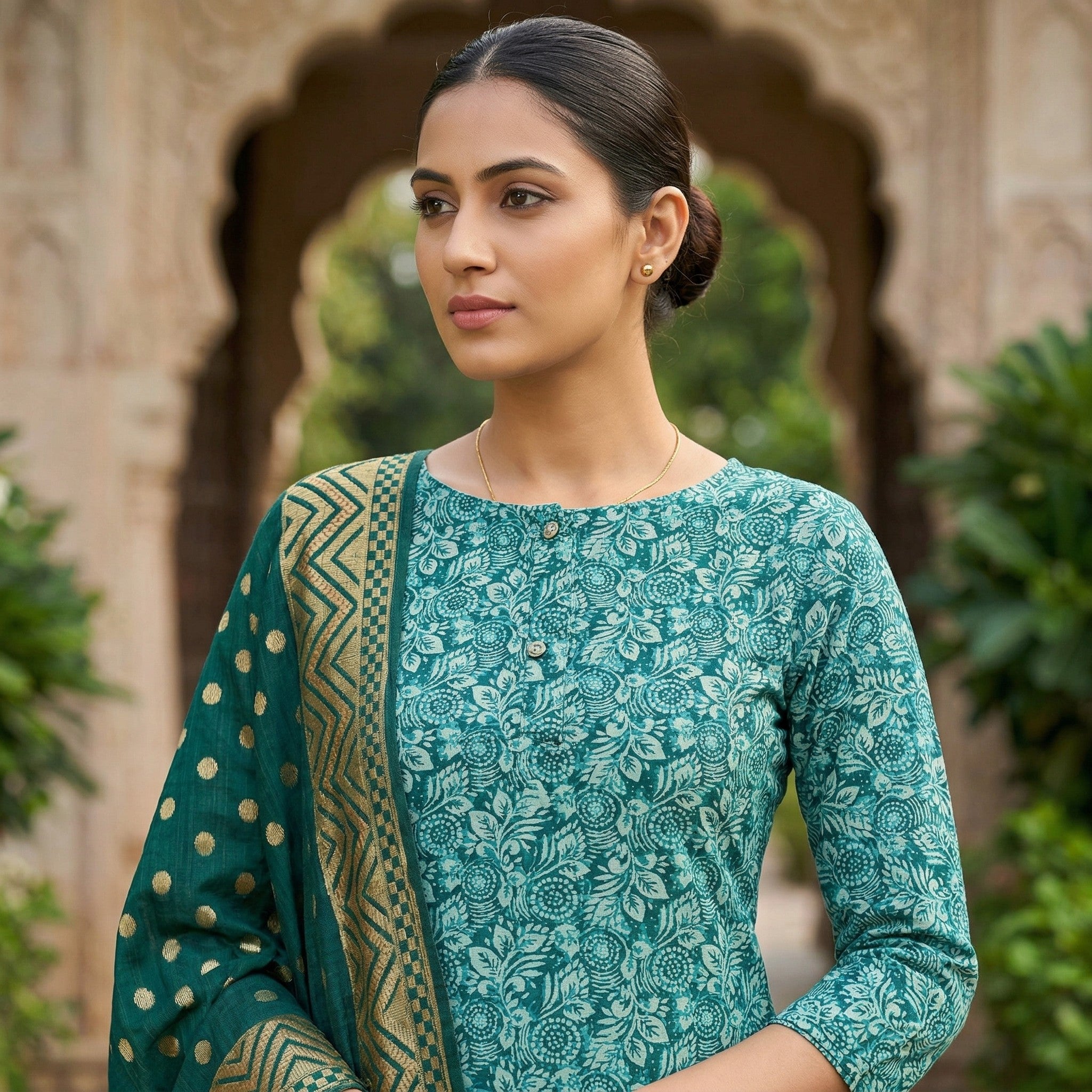 Teal Green Cotton Printed Kurti Pant Dupatta Set (3 Pc Ethnic Set) image 2