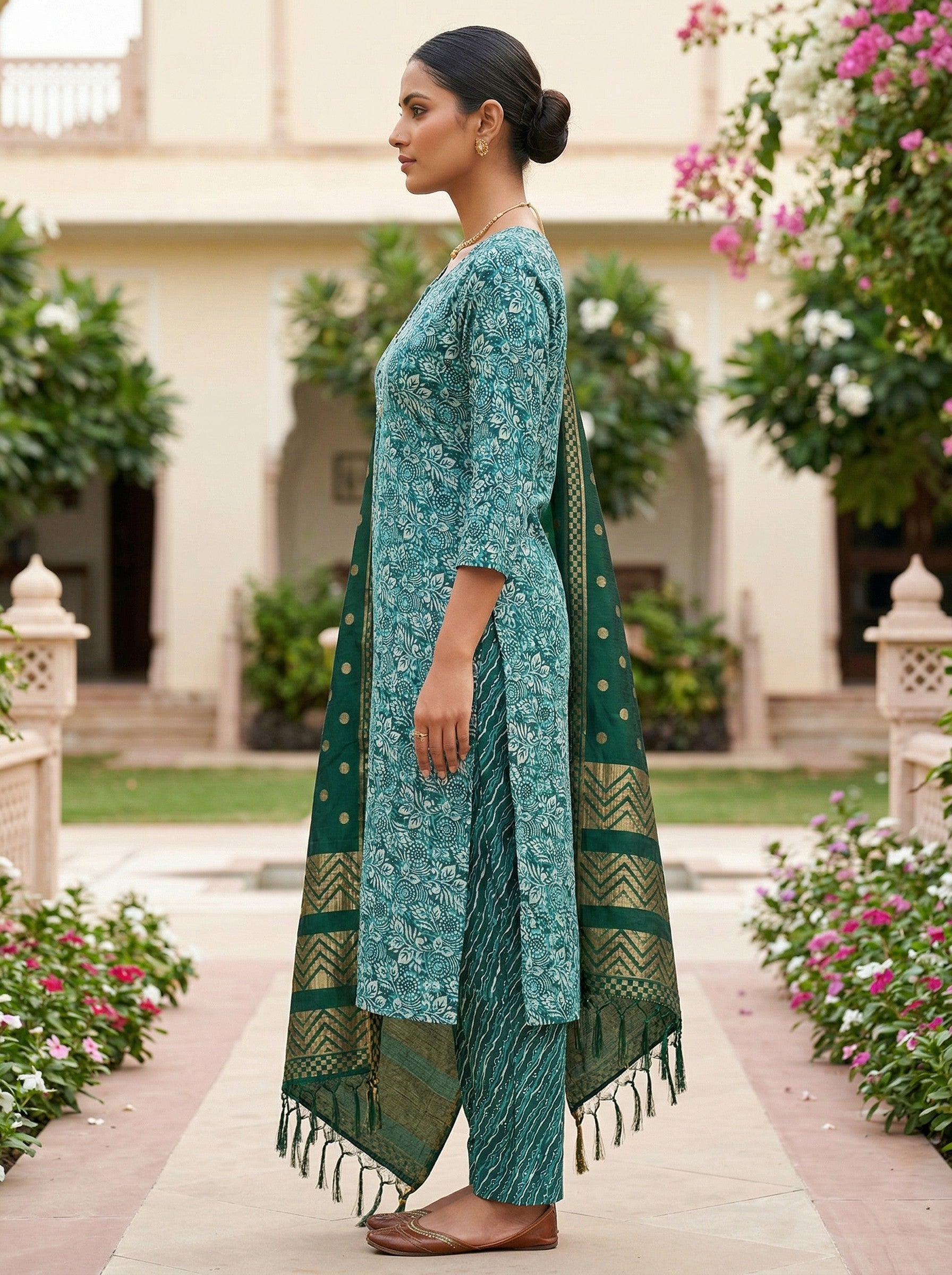 Teal Green Cotton Printed Kurti Pant Dupatta Set (3 Pc Ethnic Set) image 3