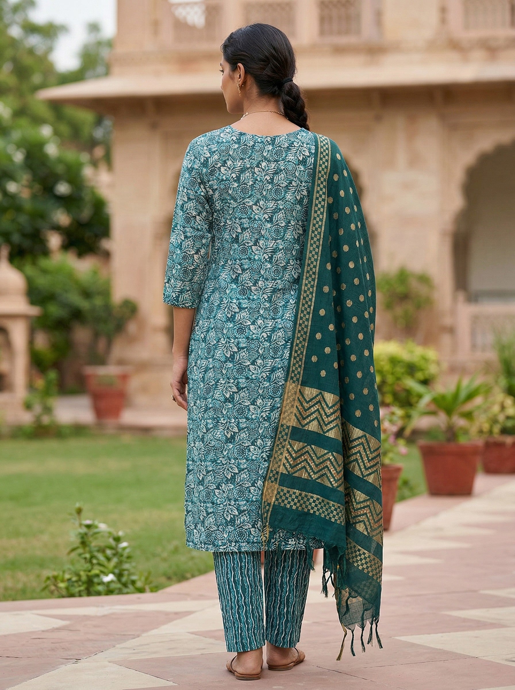 Teal Green Cotton Printed Kurti Pant Dupatta Set (3 Pc Ethnic Set) image 4