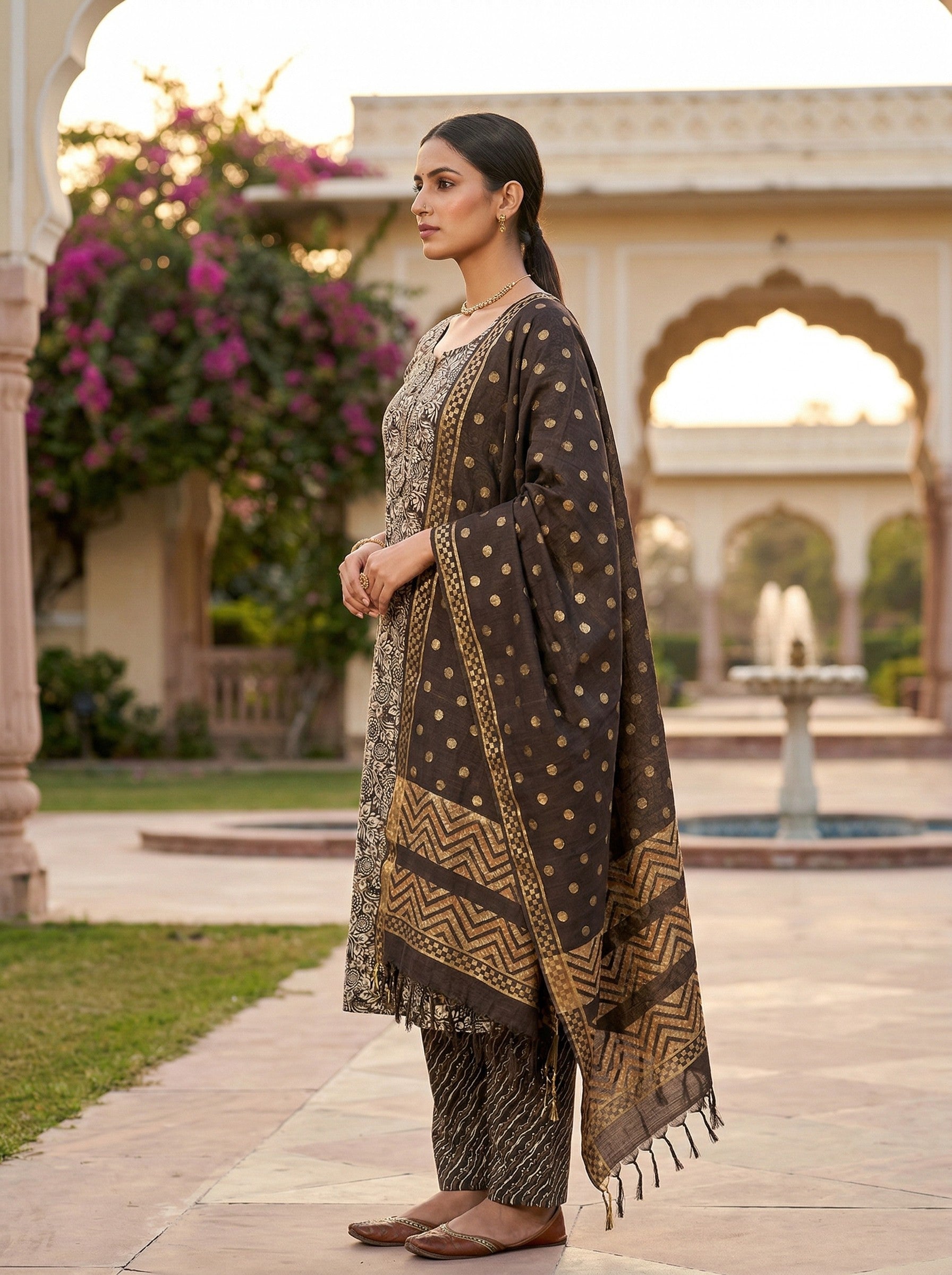 Brown Cotton Printed Kurti Pant Dupatta Set (3 Pc Ethnic Set) image 3