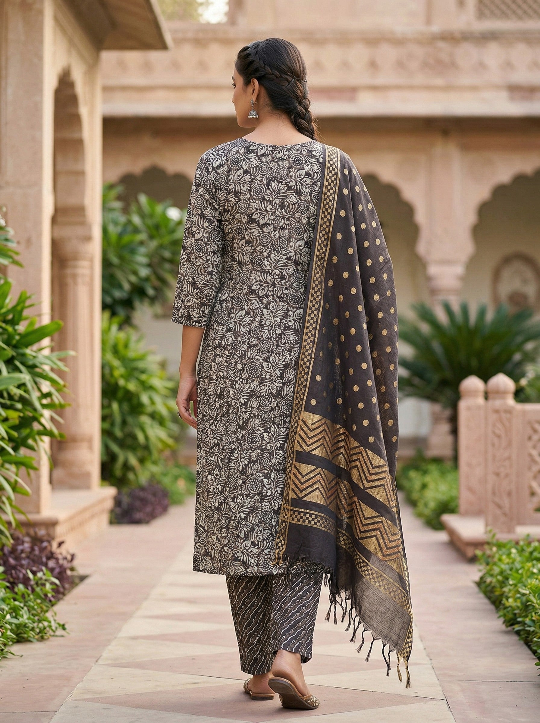 Brown Cotton Printed Kurti Pant Dupatta Set (3 Pc Ethnic Set) image 4