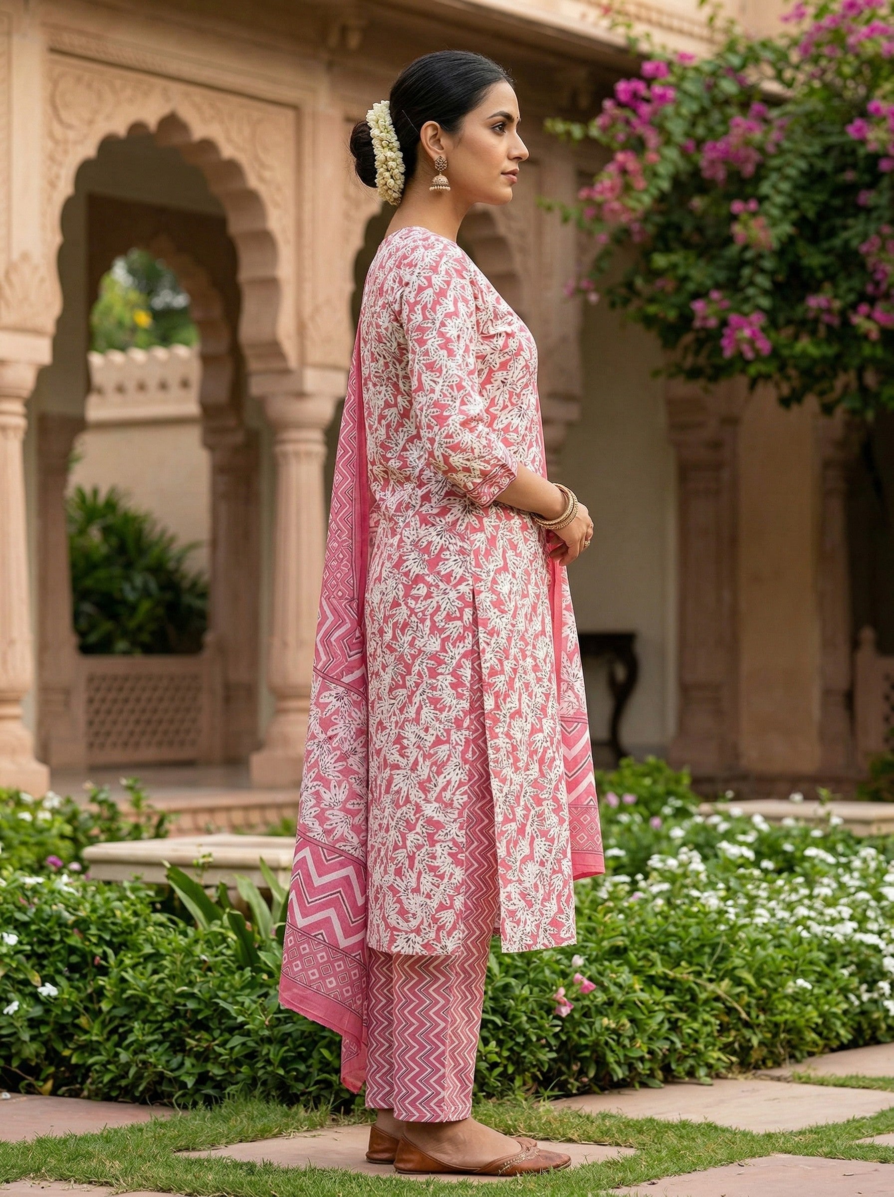 Pink Cotton Printed Kurti Pant Dupatta Set (3 Pc Ethnic Set) image 2