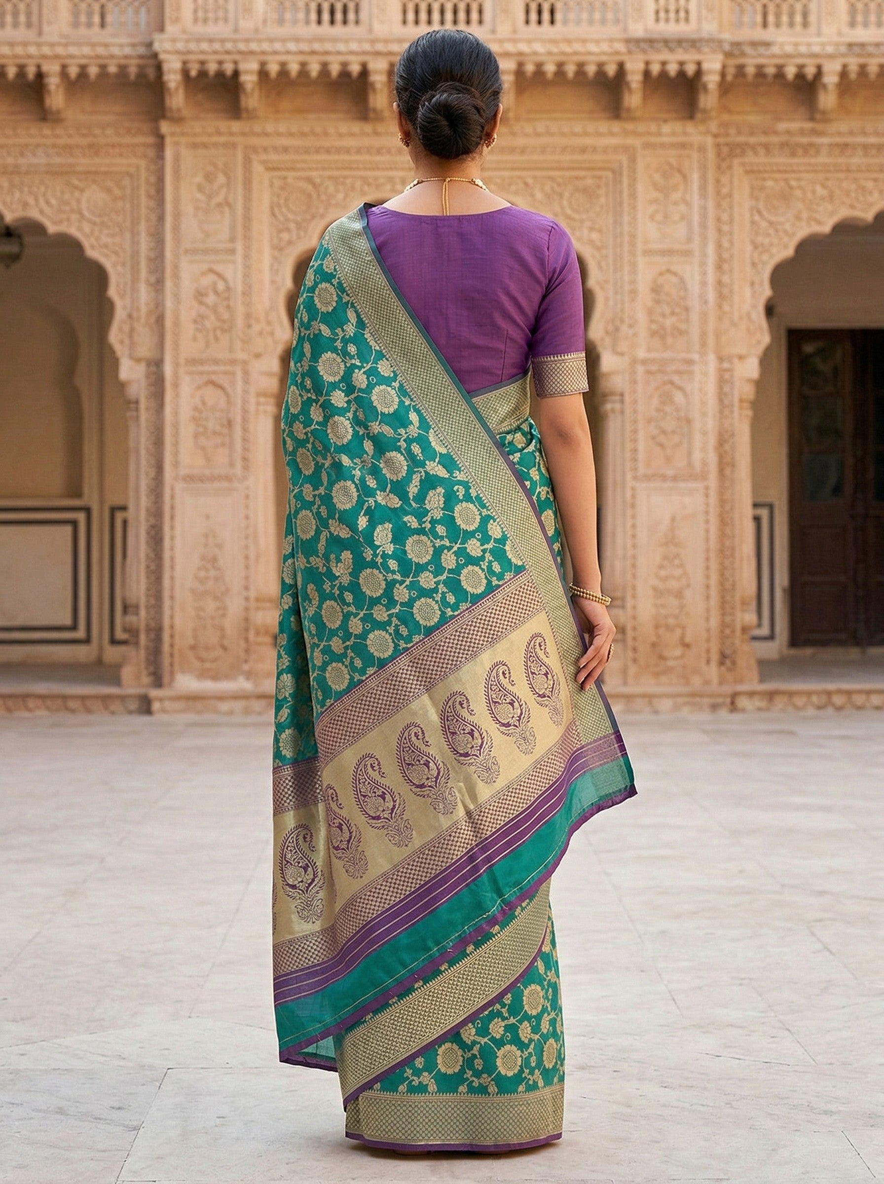 Teal Green & Purple Banarasi Style Silk Saree with Zari Border & Pallu image 2