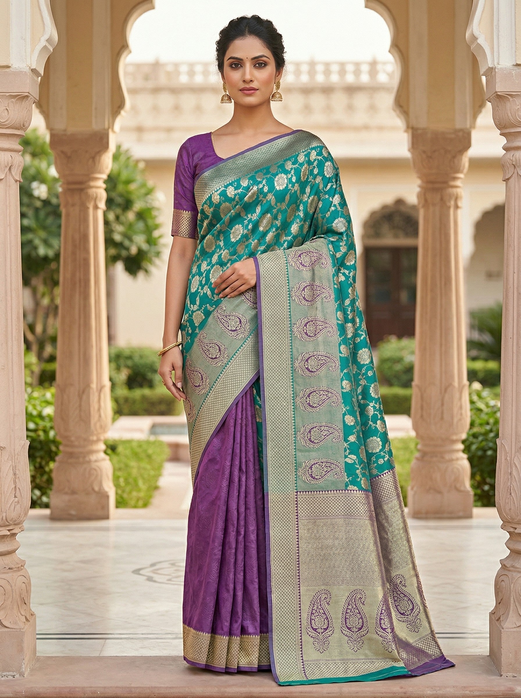 Teal Green & Purple Banarasi Style Silk Saree with Zari Border & Pallu image 3